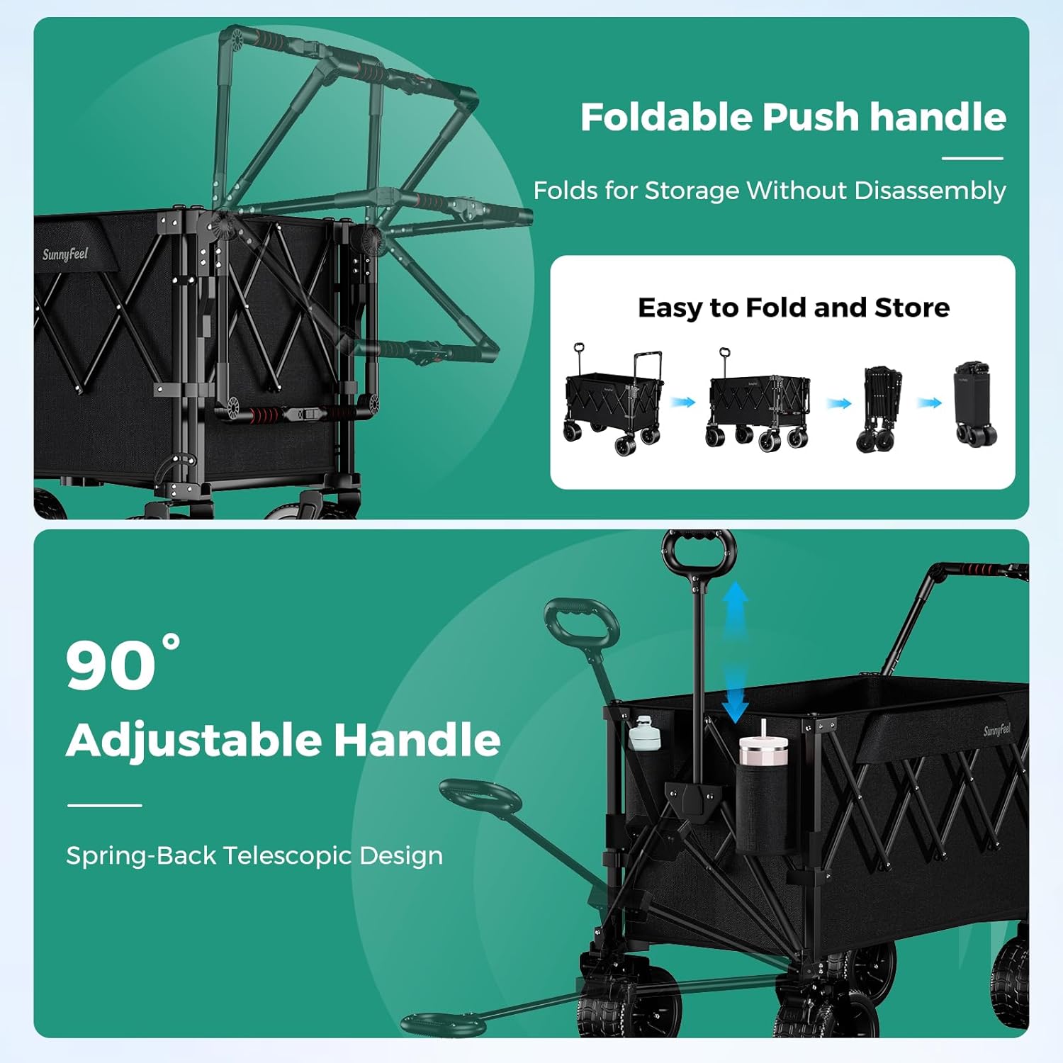SUNNYFEEL Pro 550LB Collapsible Wagon – Heavy-Duty Folding Cart with Dual Handles, Large Wheels & Tailgate