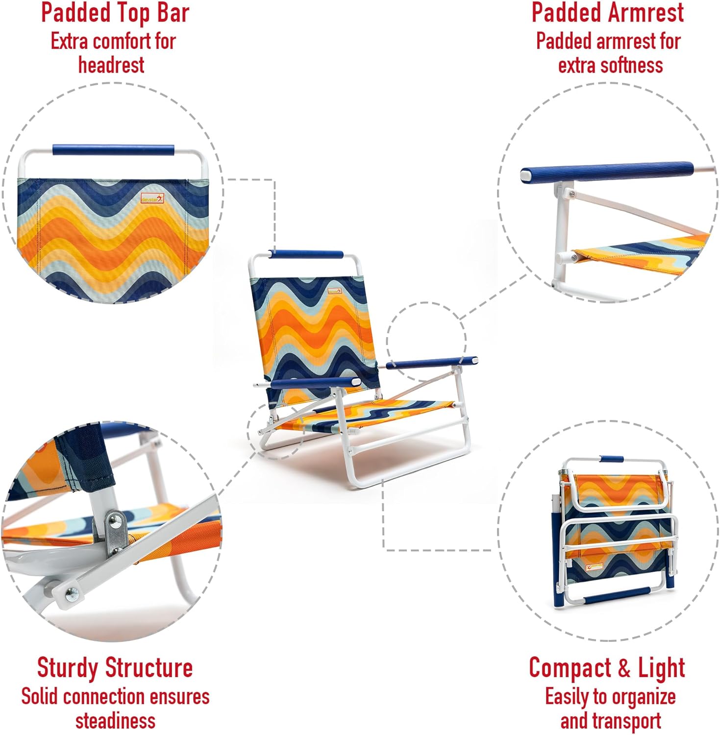 Foldable beach chair with features highlighted on a white background
