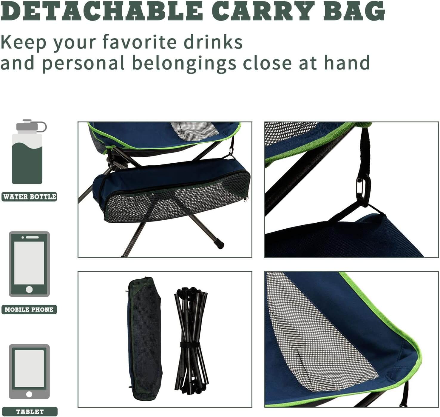Detachable carry bag for a chair with various items it can hold.