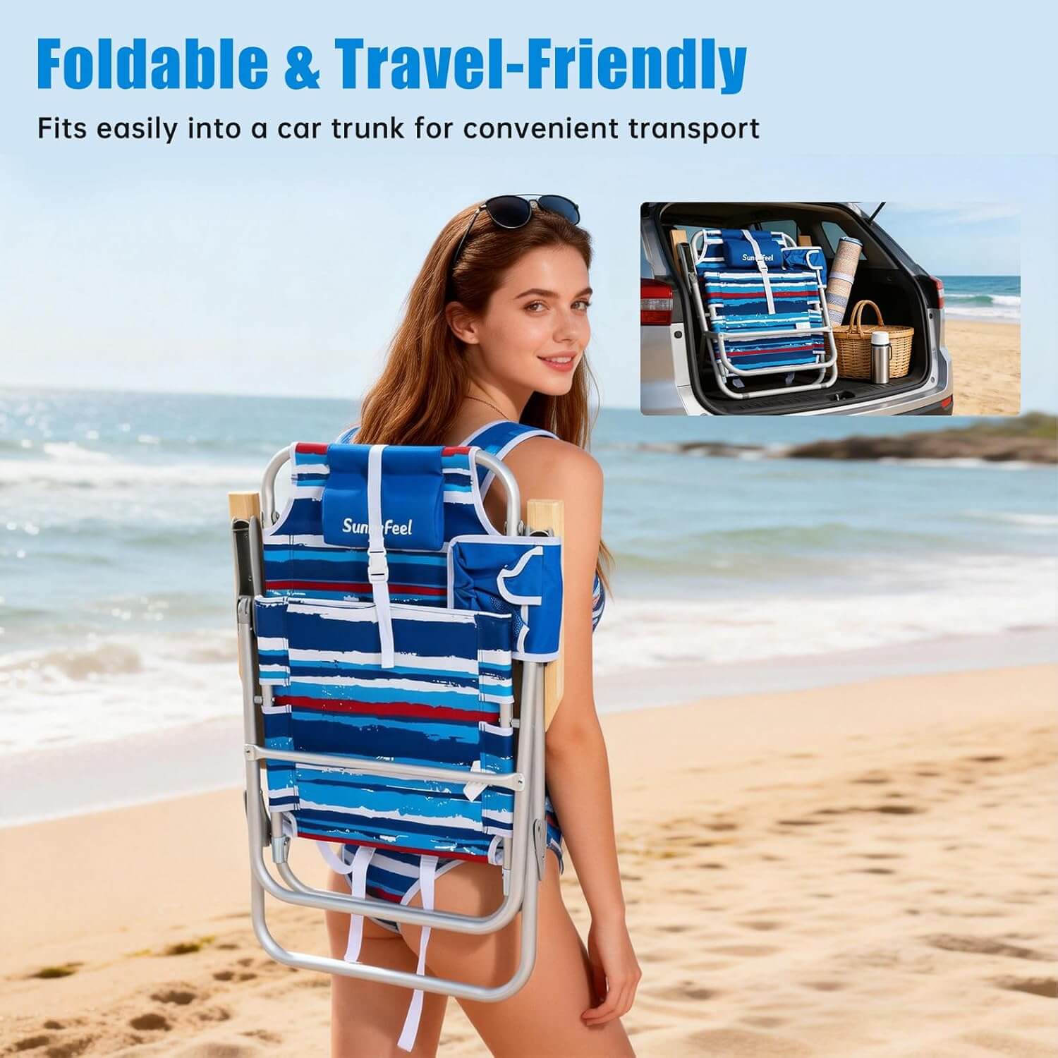 Woman holding a foldable beach chair on a beach with text about its foldable and travel-friendly nature.