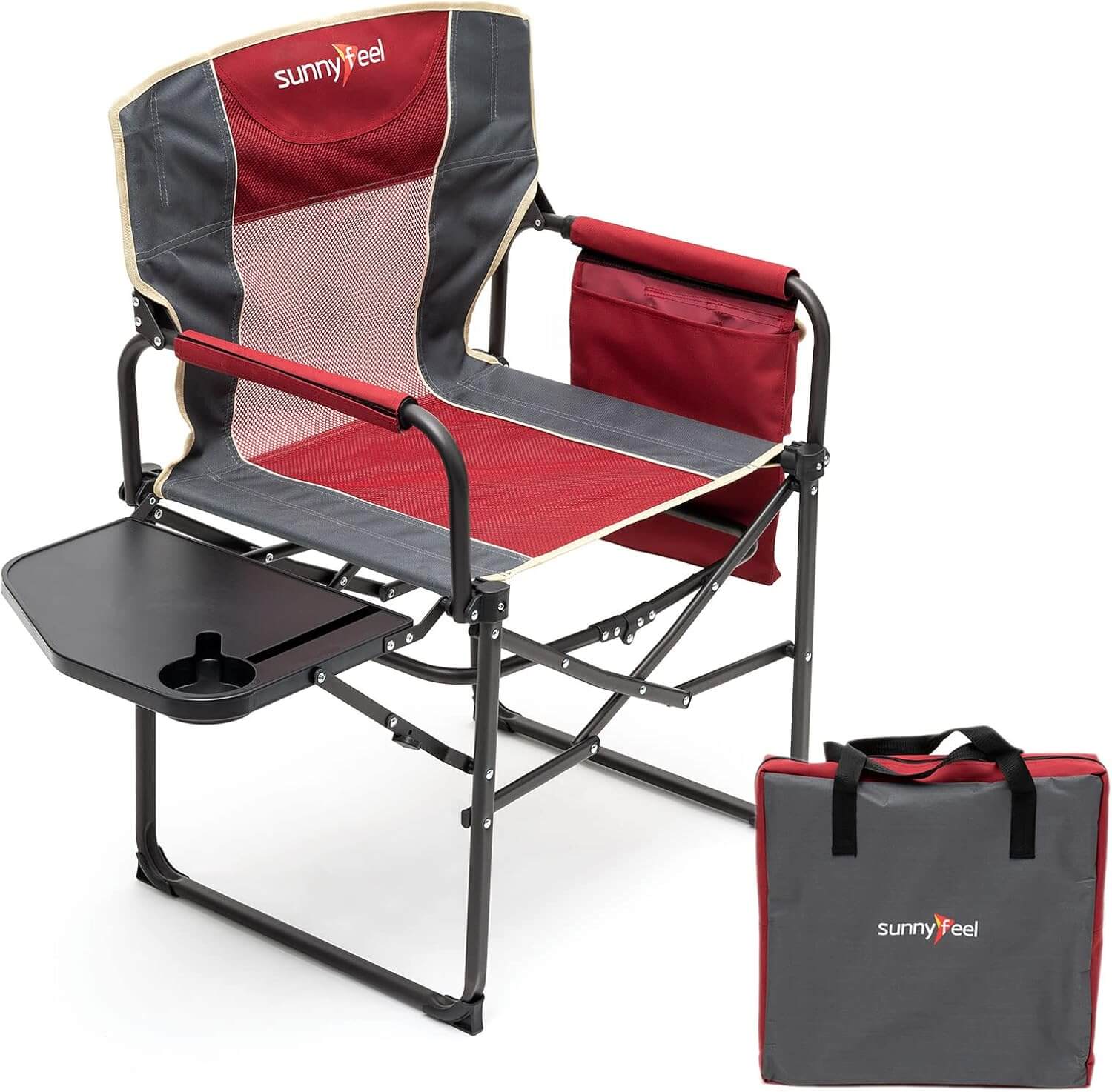 Red and gray folding chair with tray and carrying bag on a white background