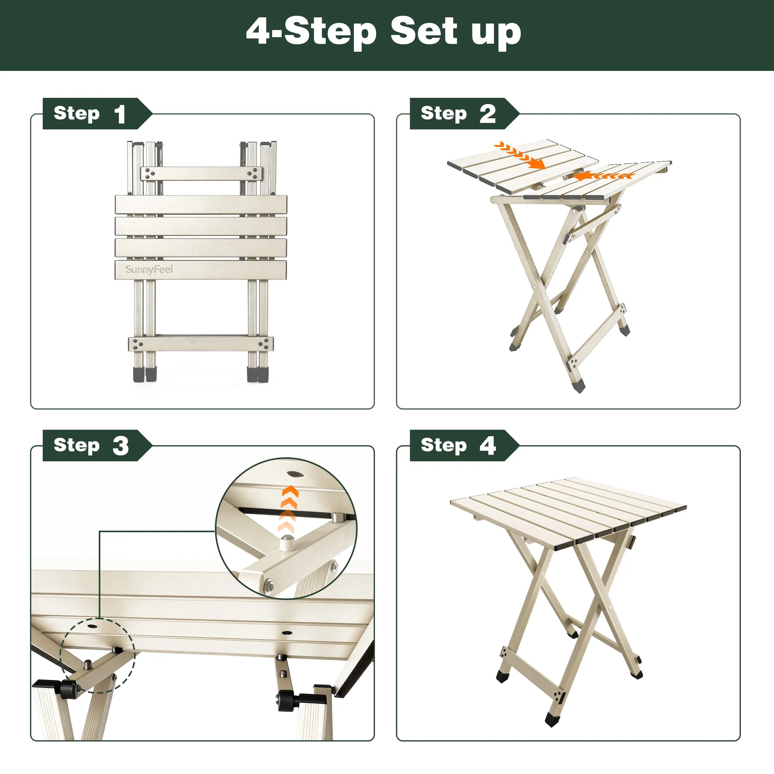 Step-by-step guide on setting up a folding table with illustrations for each step.