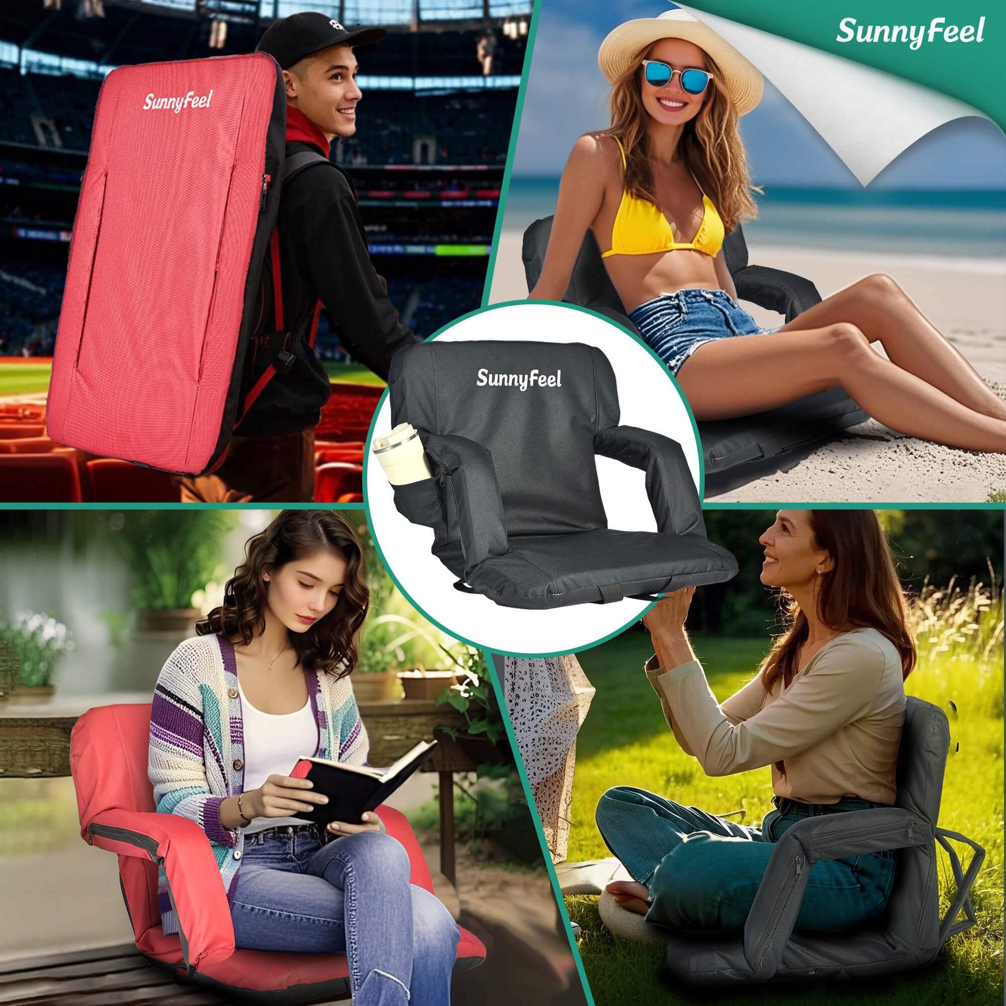Collage of people using SunnyFeel portable chairs in various settings.