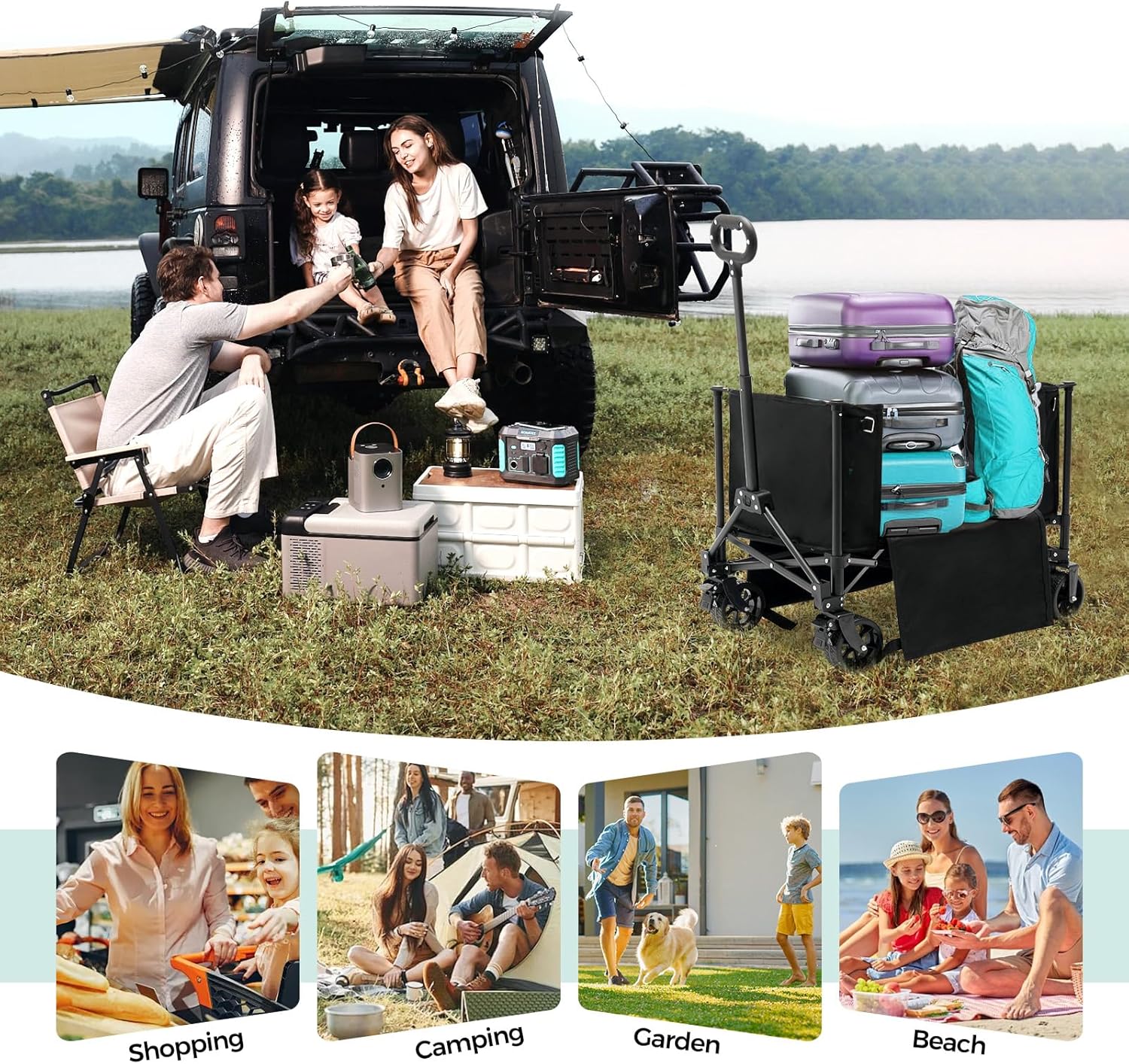 Family activities outdoors with a focus on camping, shopping, garden, and beach scenes.