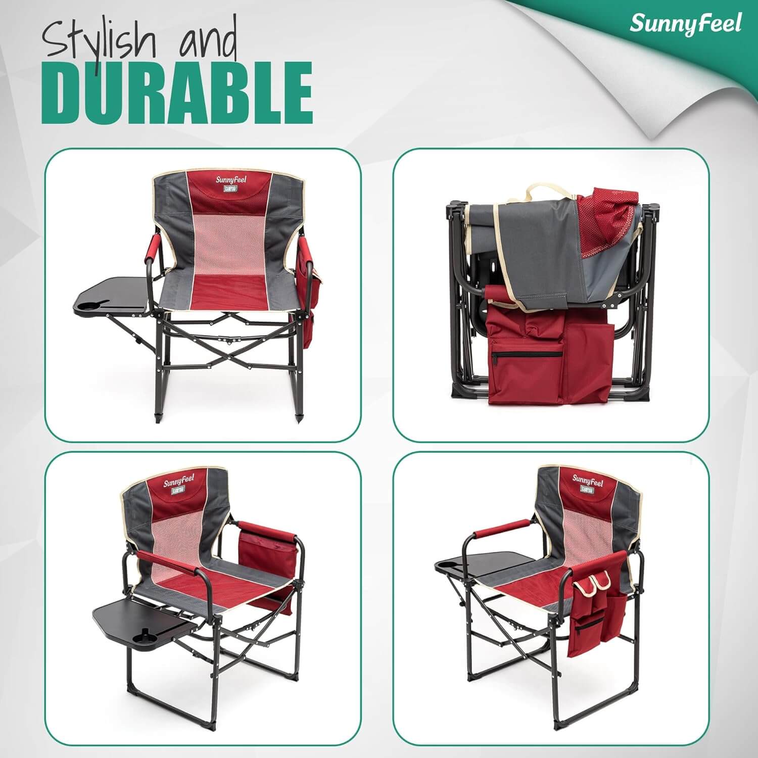 Collage of a red and gray chair with various angles on a white background, featuring the brand 'SunnyFeel'.