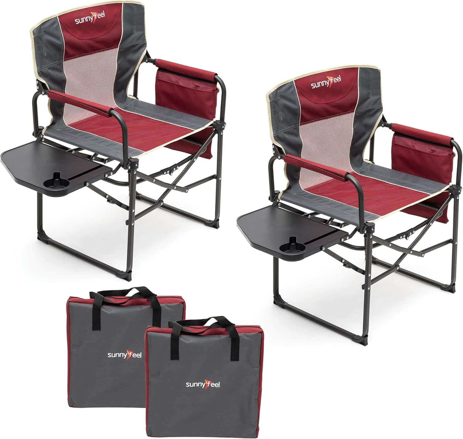 Two red and gray folding chairs with cup holders and trays, accompanied by two carrying bags, on a white background.