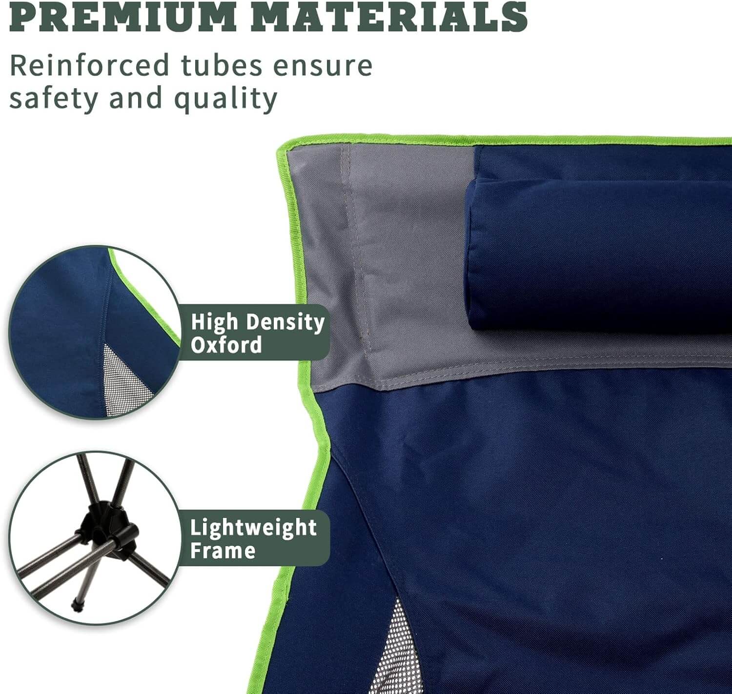 Blue camping chair with high-density Oxford fabric and lightweight frame features, emphasizing premium materials.