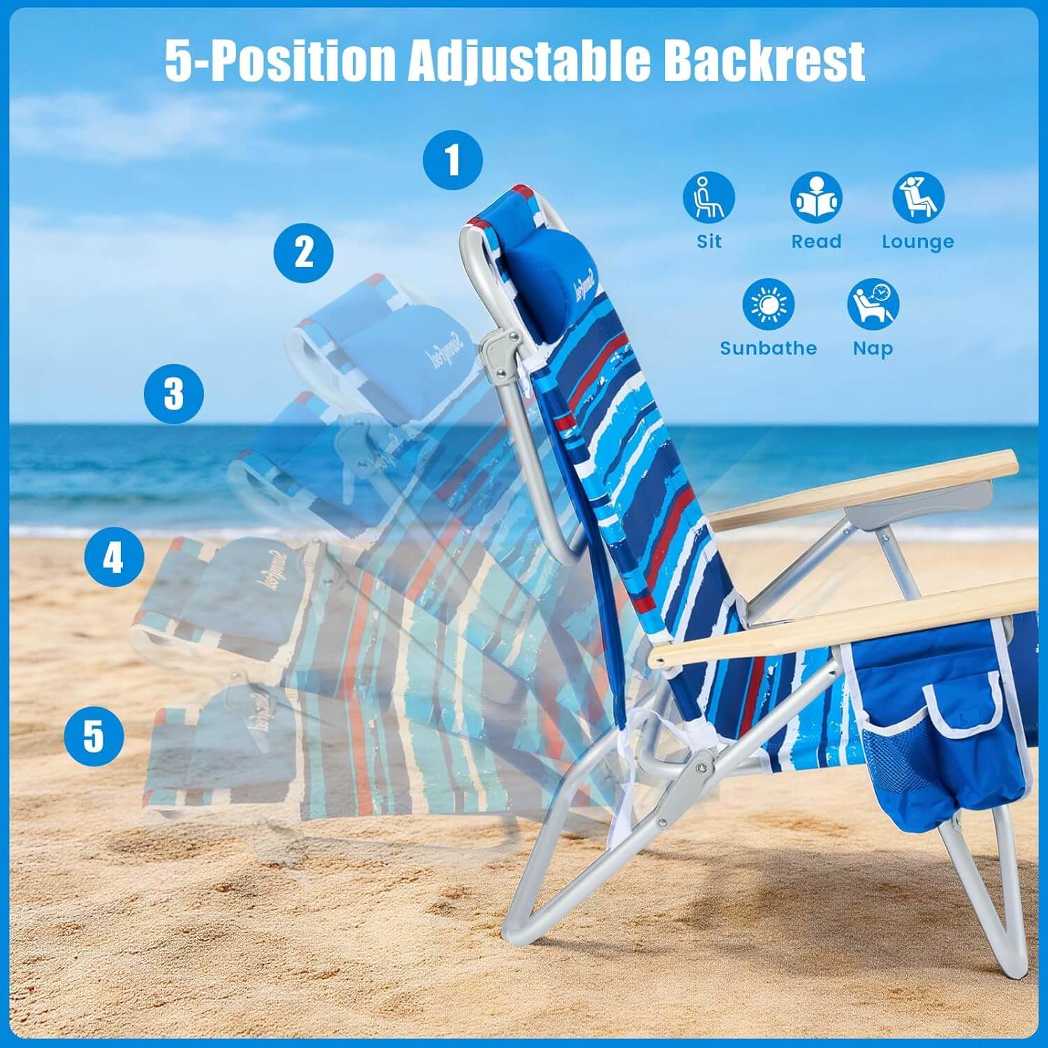 Beach chair with 5-position adjustable backrest on a sandy beach with ocean view