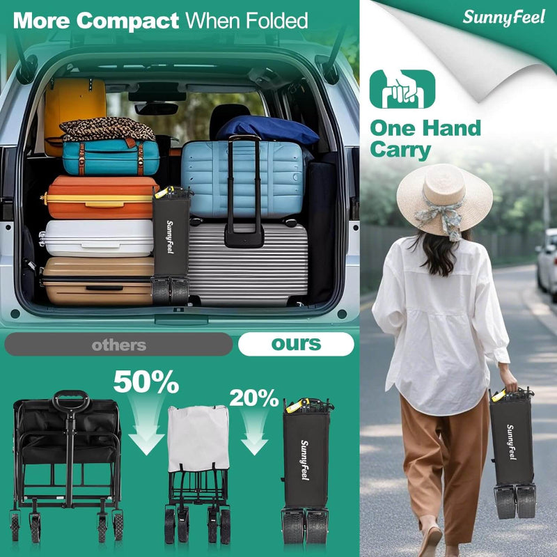 SunnyFeel luggage and rolling cart with storage comparison and user carrying the cart on a road.