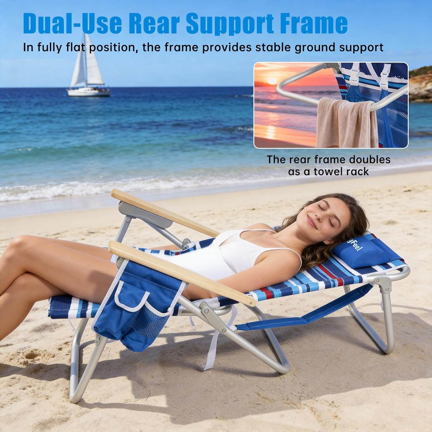 Woman lying on a beach chair with towel rack, sailboat in the background