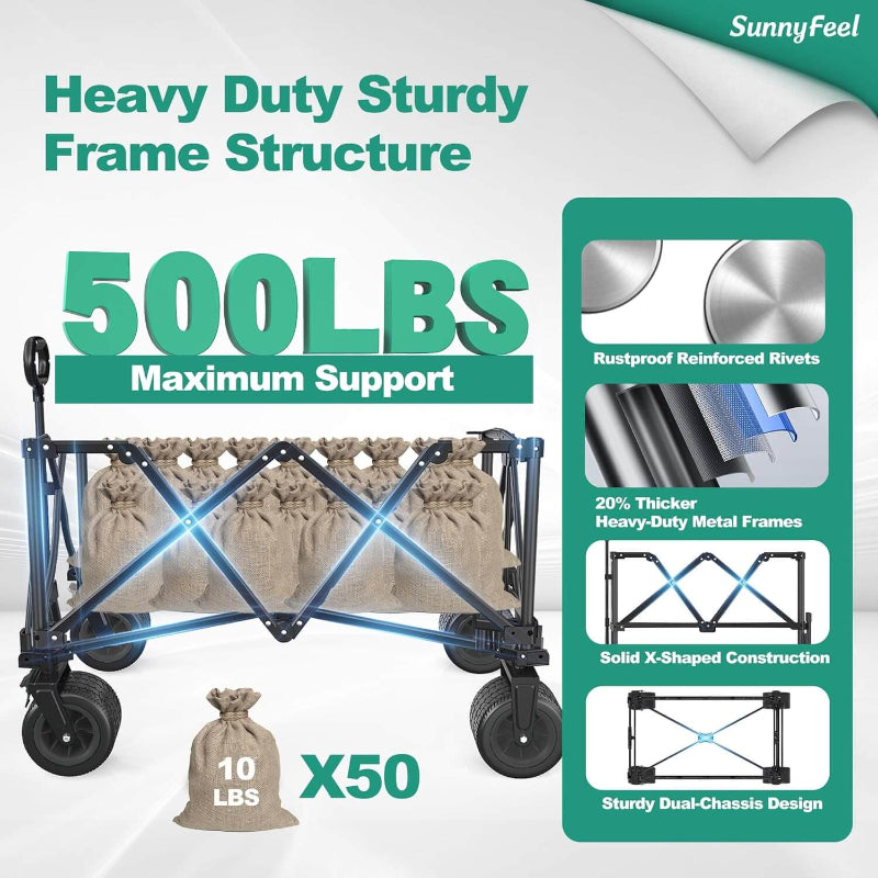Heavy-duty folding cart with 500 lbs maximum support capacity, shown with 10 lbs x 50 bags.