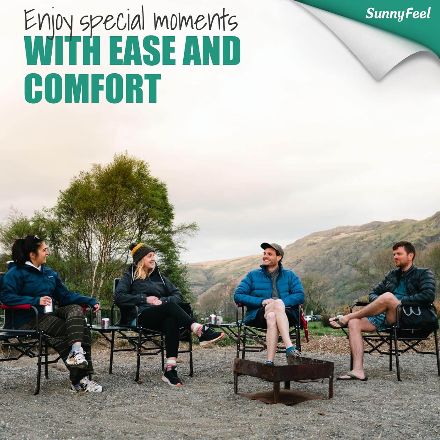 People sitting around a campfire with text 'Enjoy special moments with ease and comfort' and 'SunnyFeel' branding.