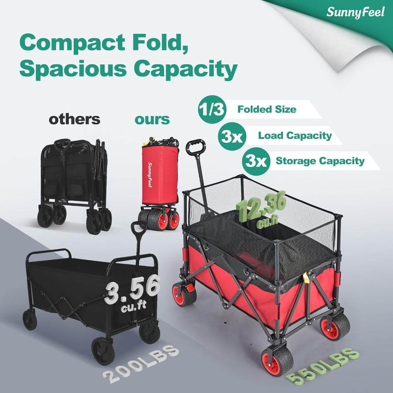 Red and black folding cart with comparative features on a white background