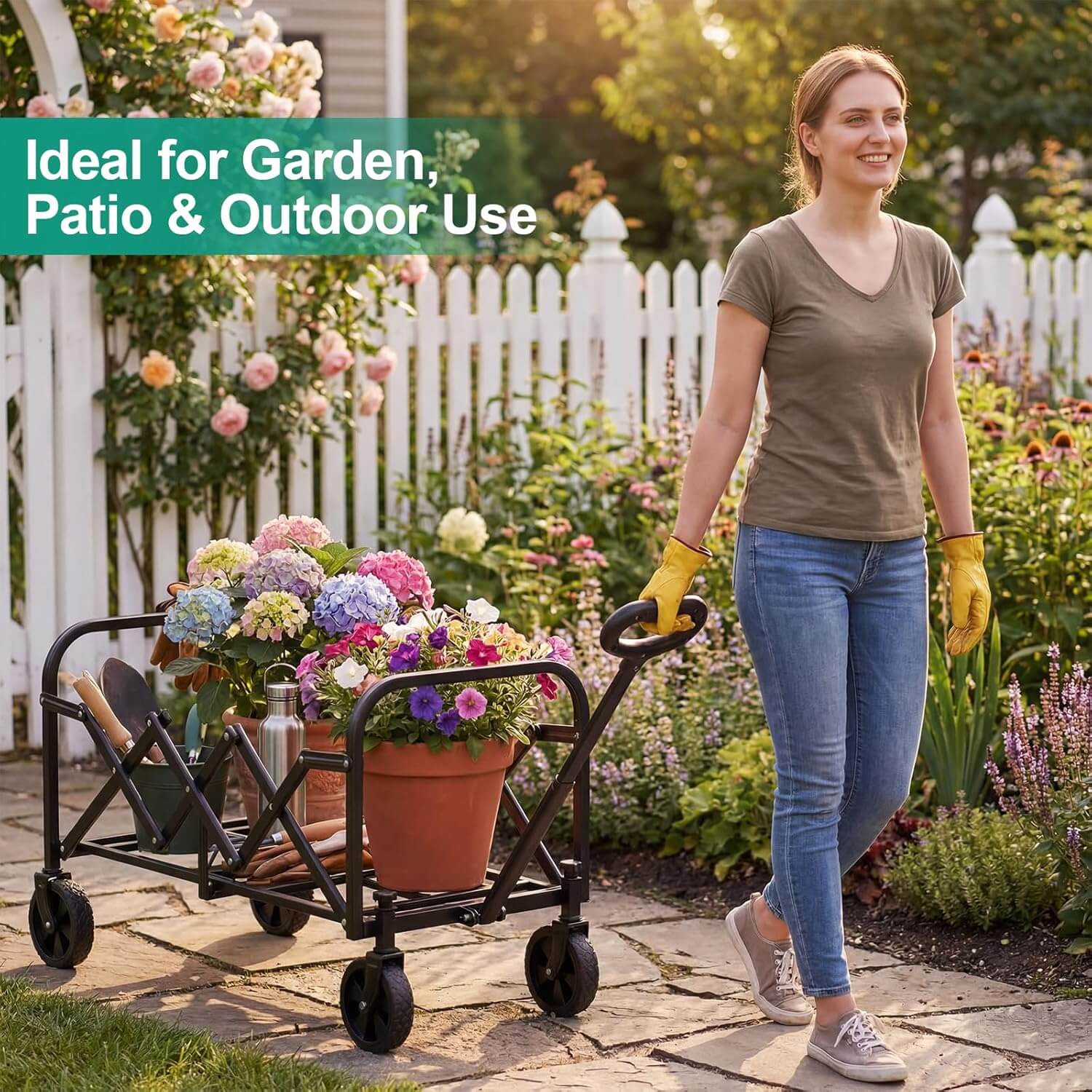 Woman pushing a garden cart with flowers in a garden setting