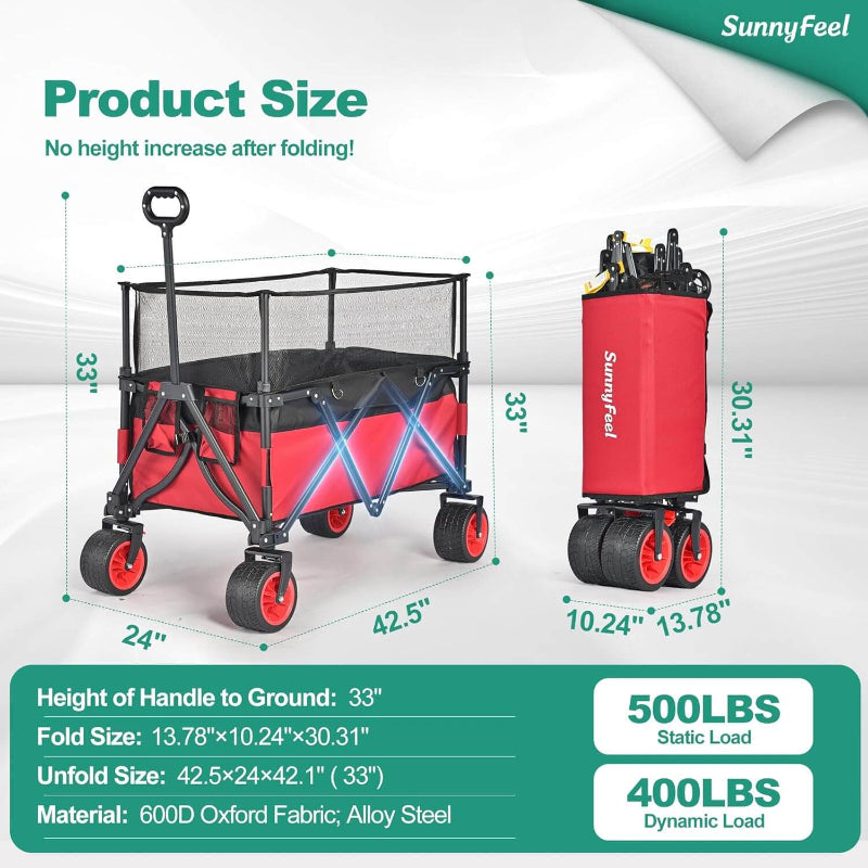Red folding wagon with dimensions and product details on a white background