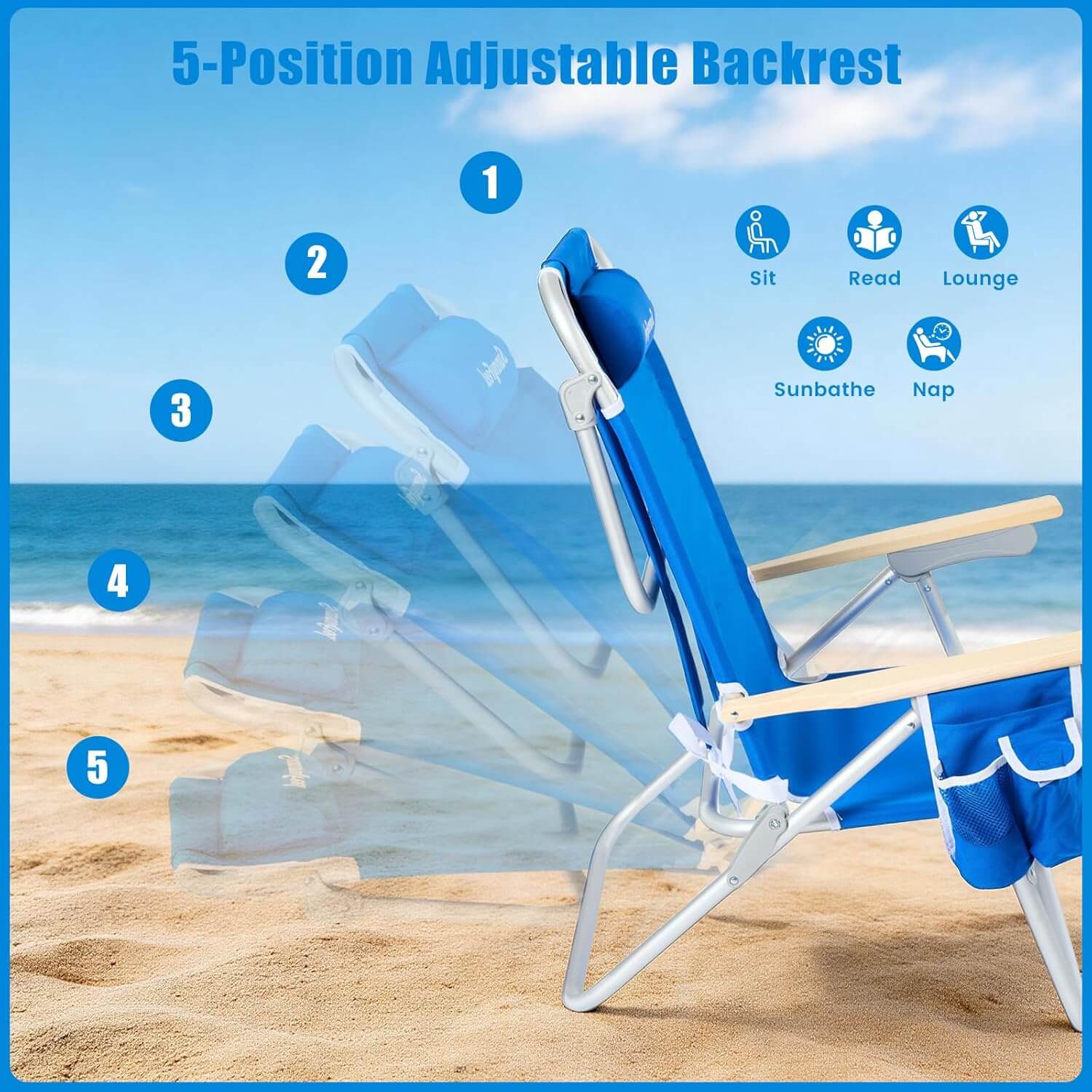 Blue beach chair with adjustable backrest on a sandy beach with ocean view
