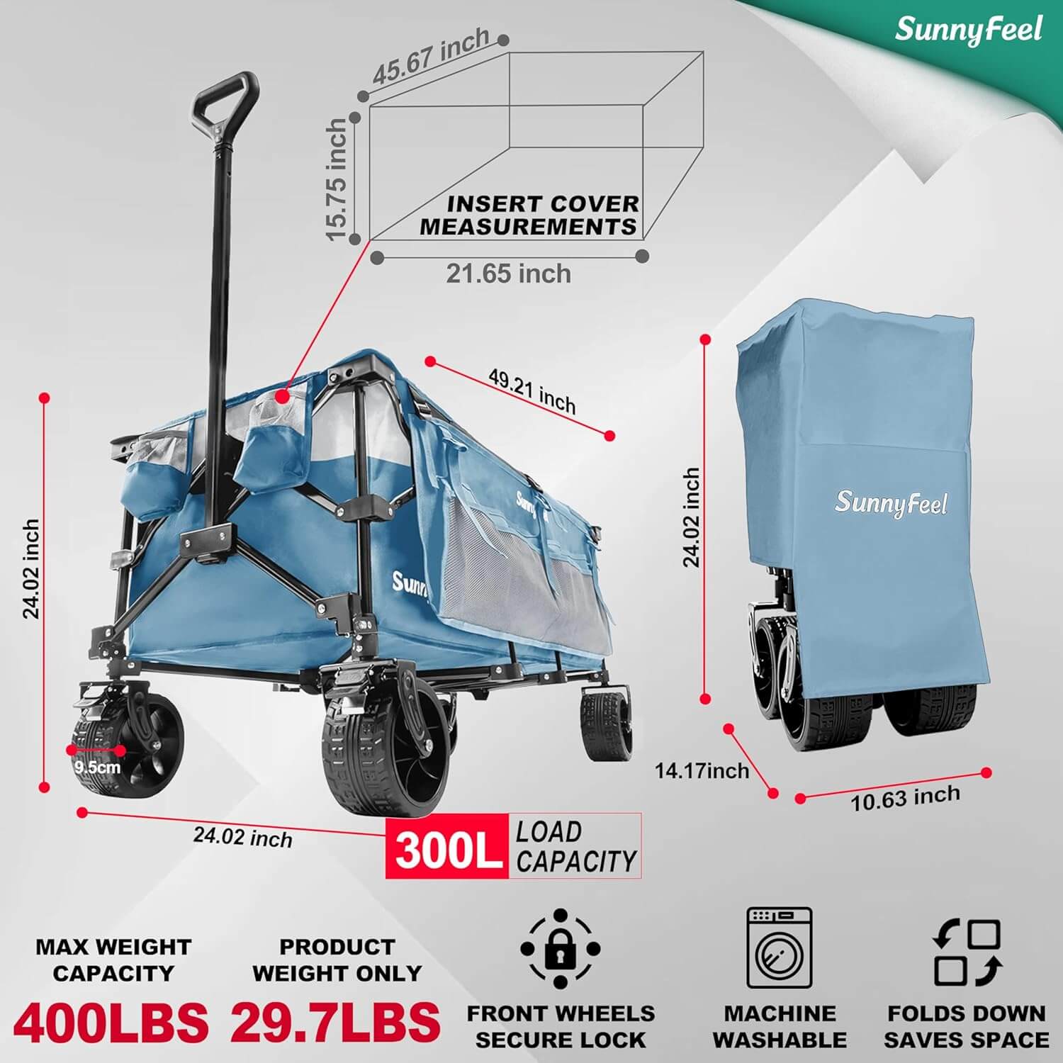 SUNNYFEEL 49" Extra-Long Collapsible Wagon – 550LB Heavy-Duty Folding Cart with Big Wheels