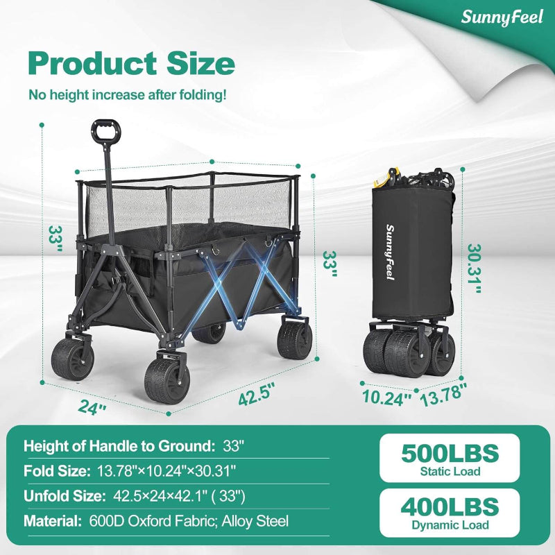 SunnyFeel folding cart with dimensions and weight capacity displayed on a white background