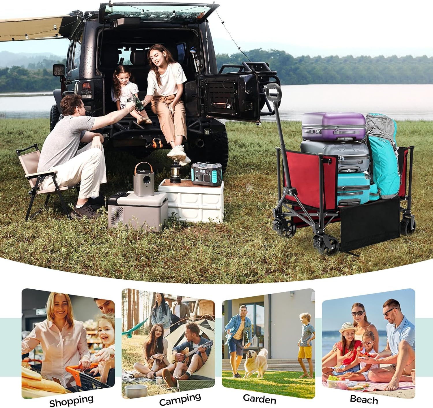 Family activities around a vehicle with camping gear and outdoor scenes.