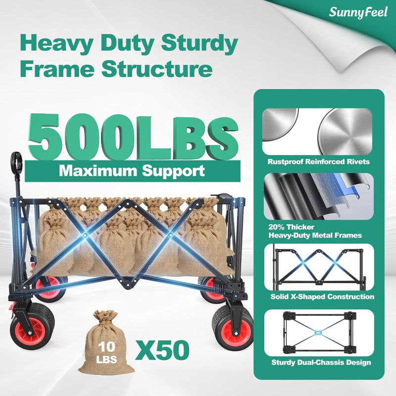 Heavy-duty folding cart with 500 lbs maximum support capacity, shown with a 10 lbs x 50 bag load.