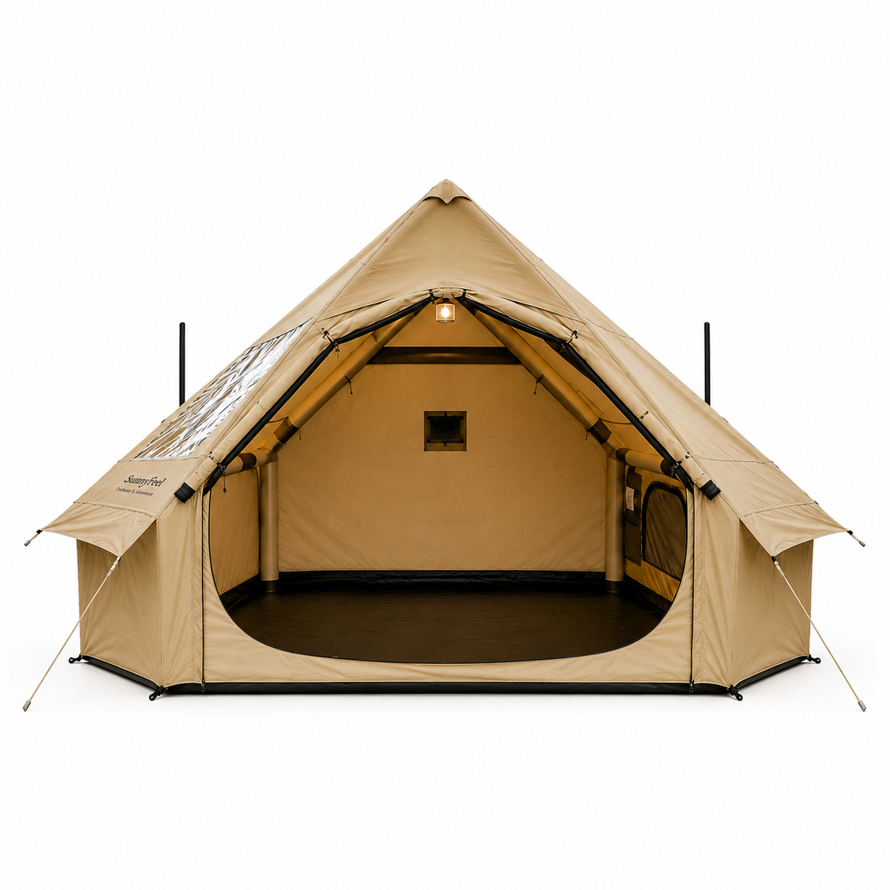 Beige camping tent with open door on a white background