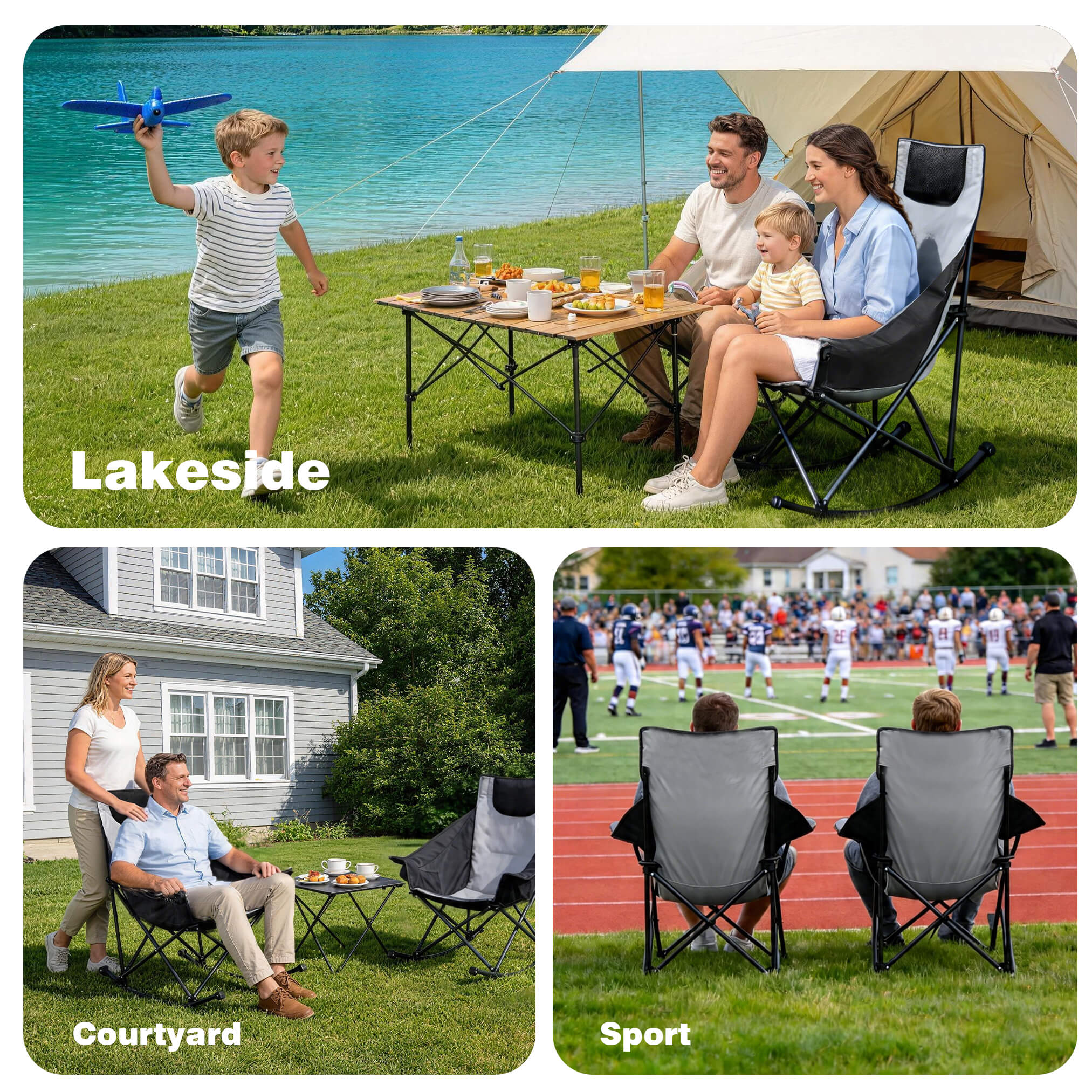 Collage of a family camping by a lake, sitting on chairs by a house, and watching a sports event.