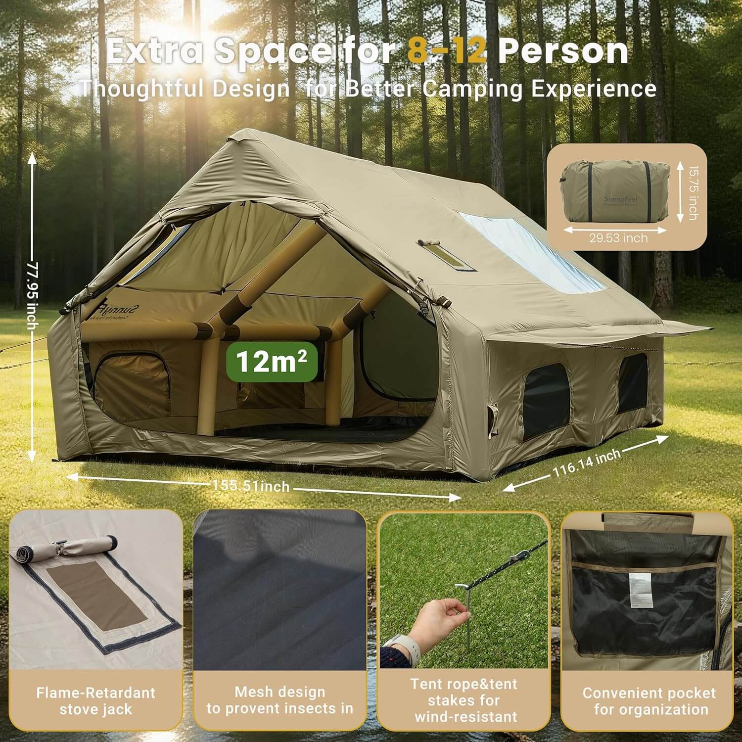 Camping tent with features highlighted in a forest setting