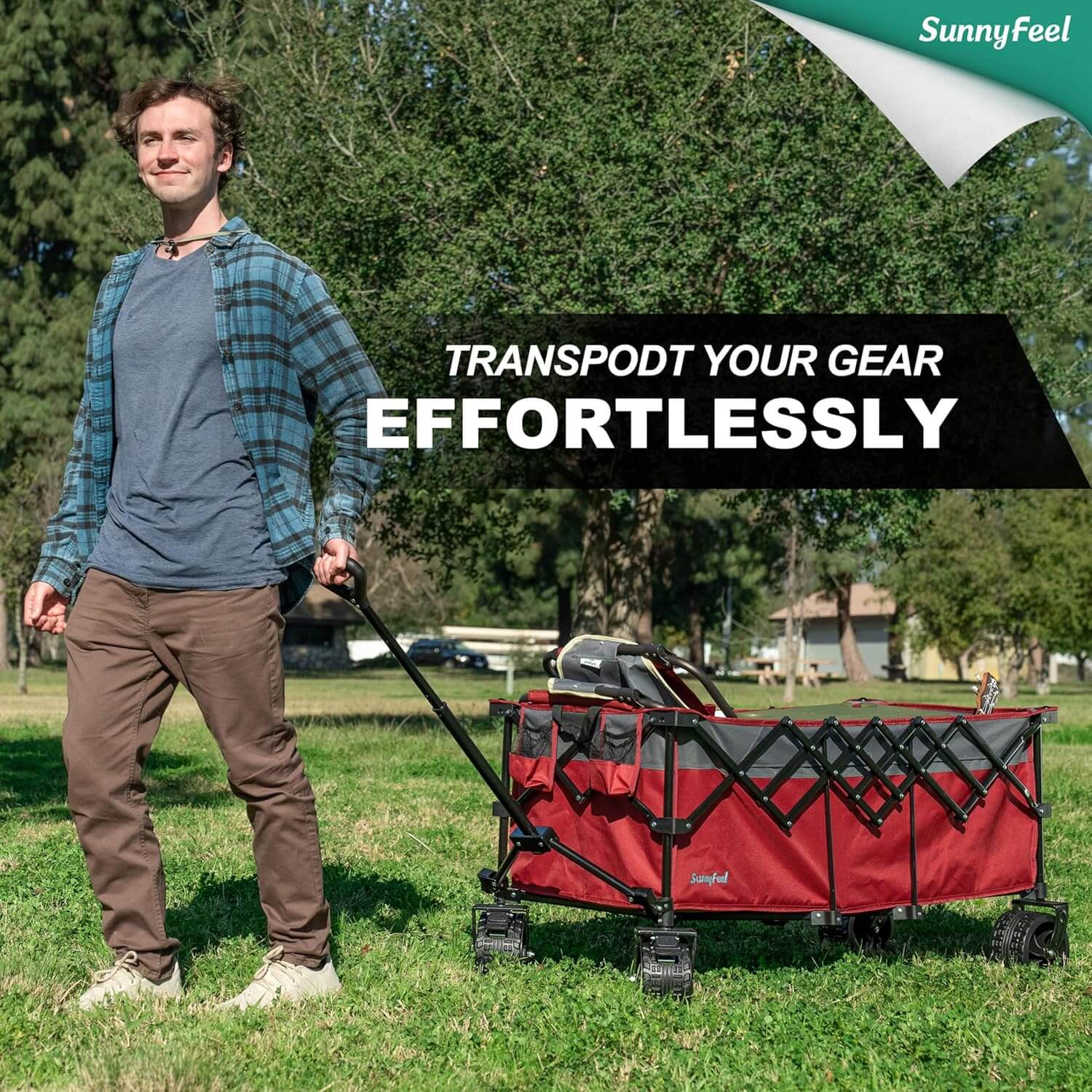 SUNNYFEEL 49" Extra-Long Collapsible Wagon – 550LB Heavy-Duty Folding Cart with Big Wheels