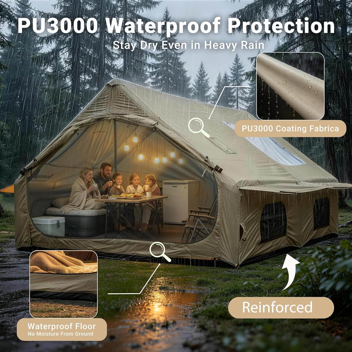 Tent with PU3000 waterproof protection feature in a forest setting