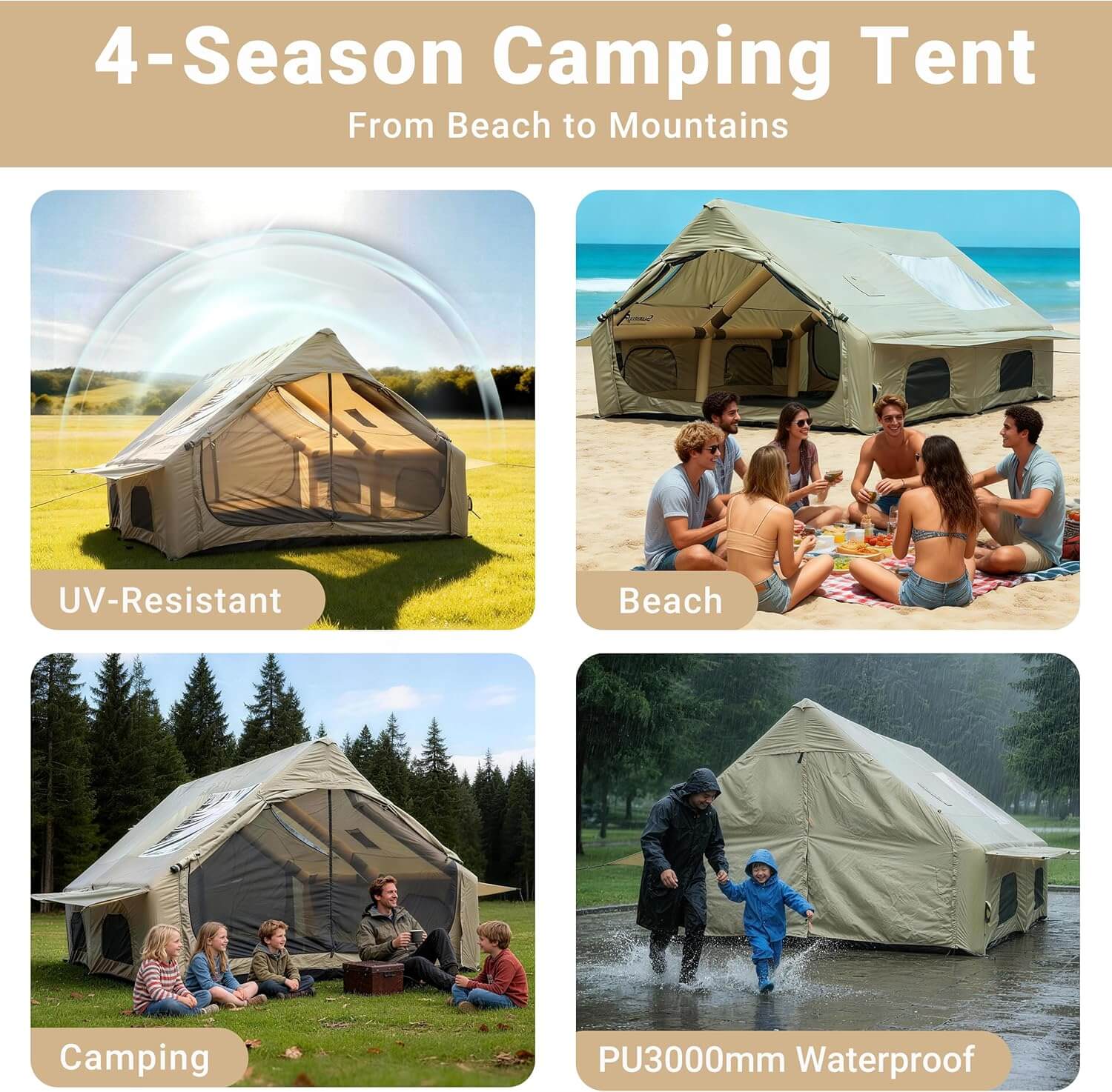 Collage of a 4-season camping tent with various uses including beach, camping, and rain.