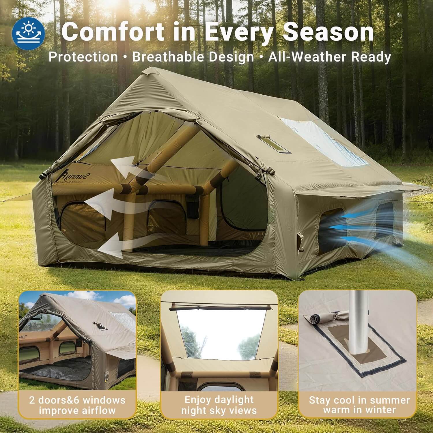 Camping tent with features highlighted on a grassy background