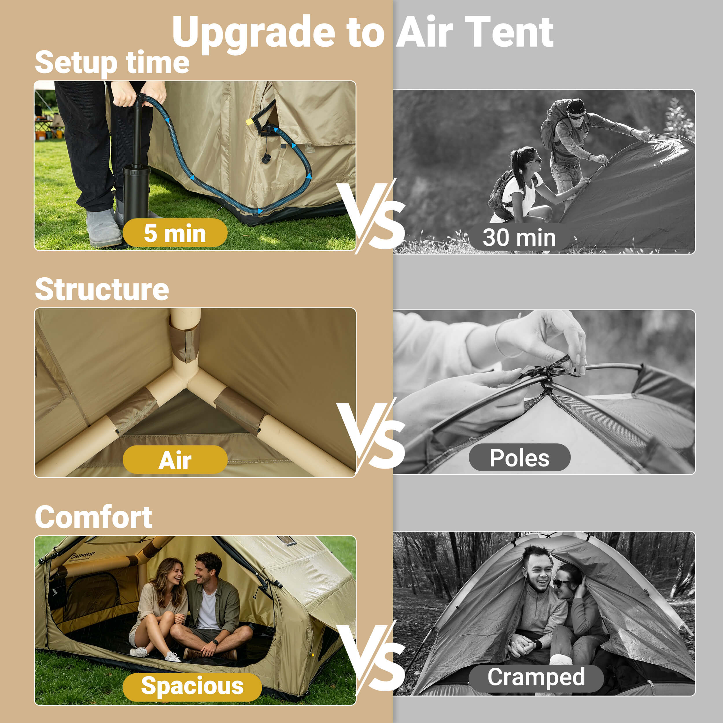 Comparison chart between a regular tent and an air tent with setup time, structure, and comfort features highlighted.