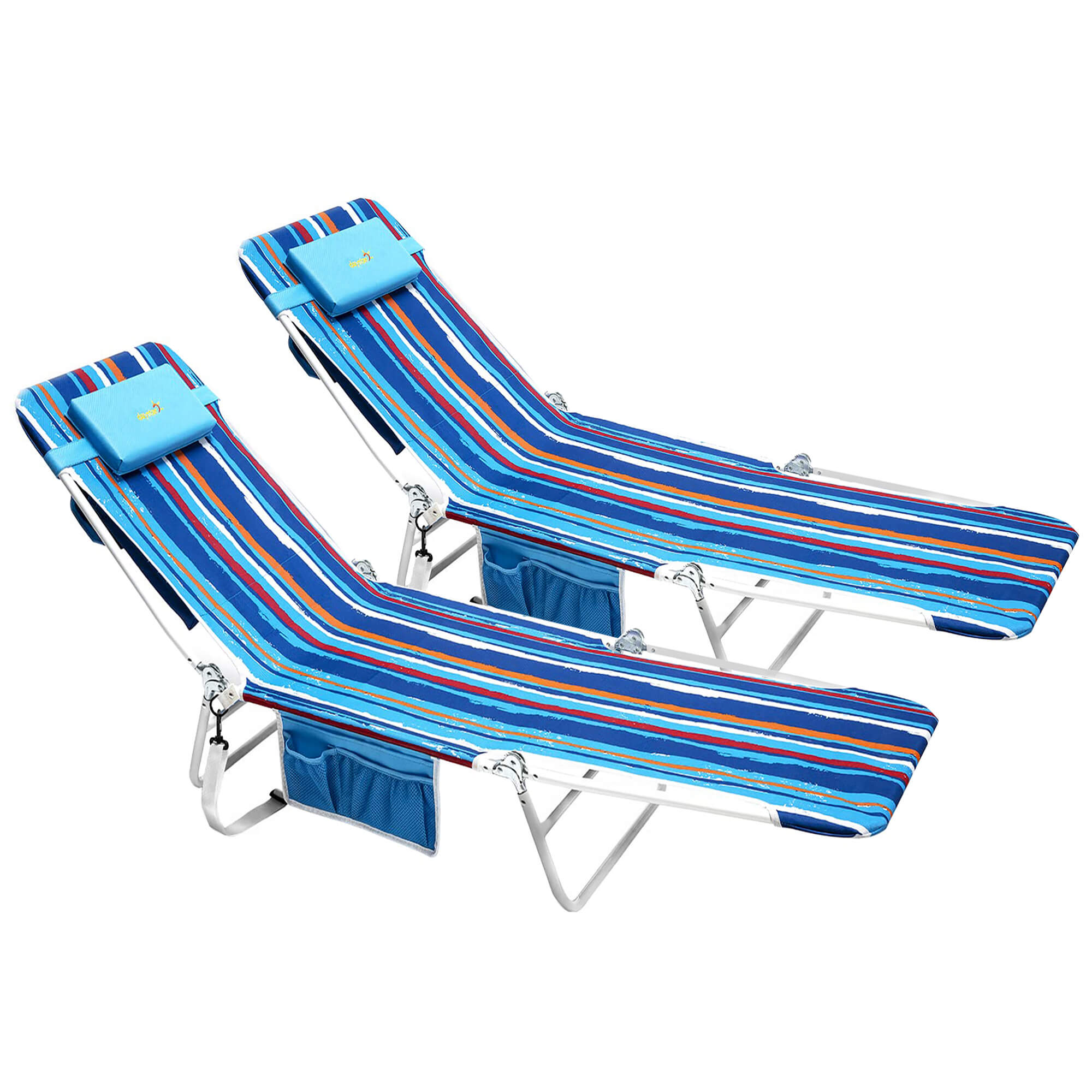 Two striped beach chairs with blue cushions on a white background
