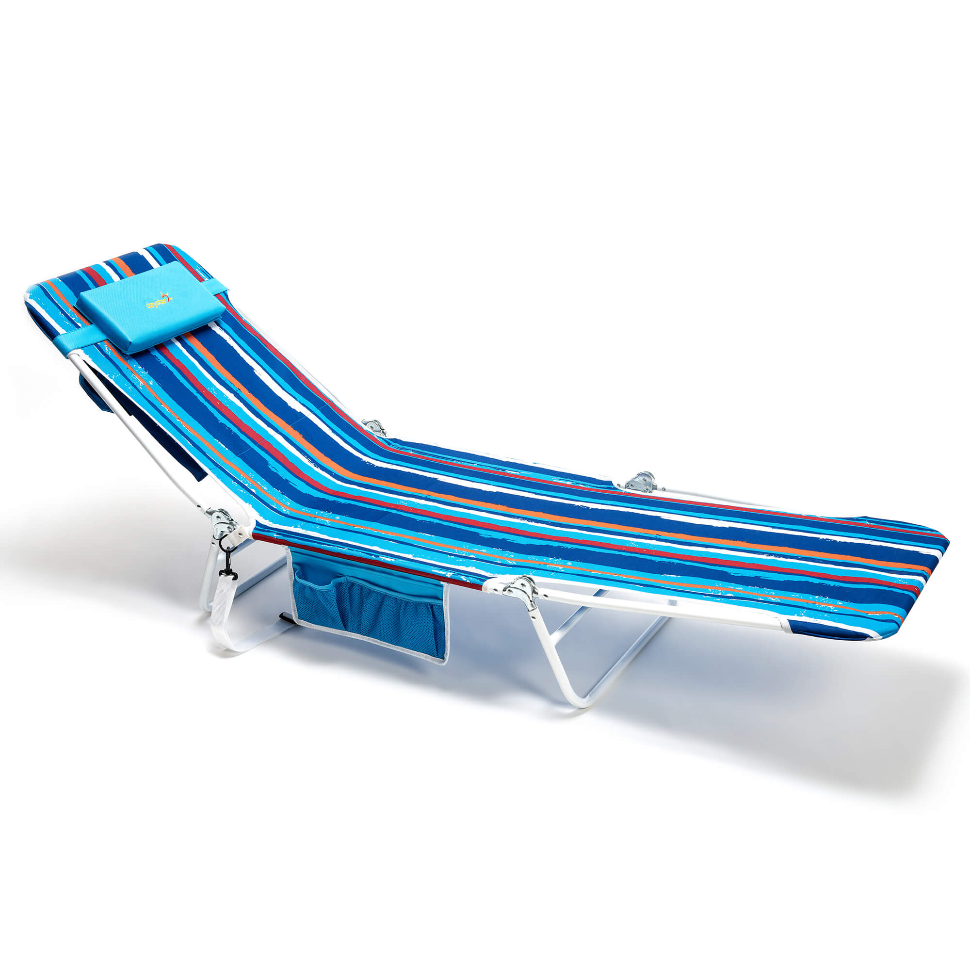 Foldable beach chair with striped design on a white background