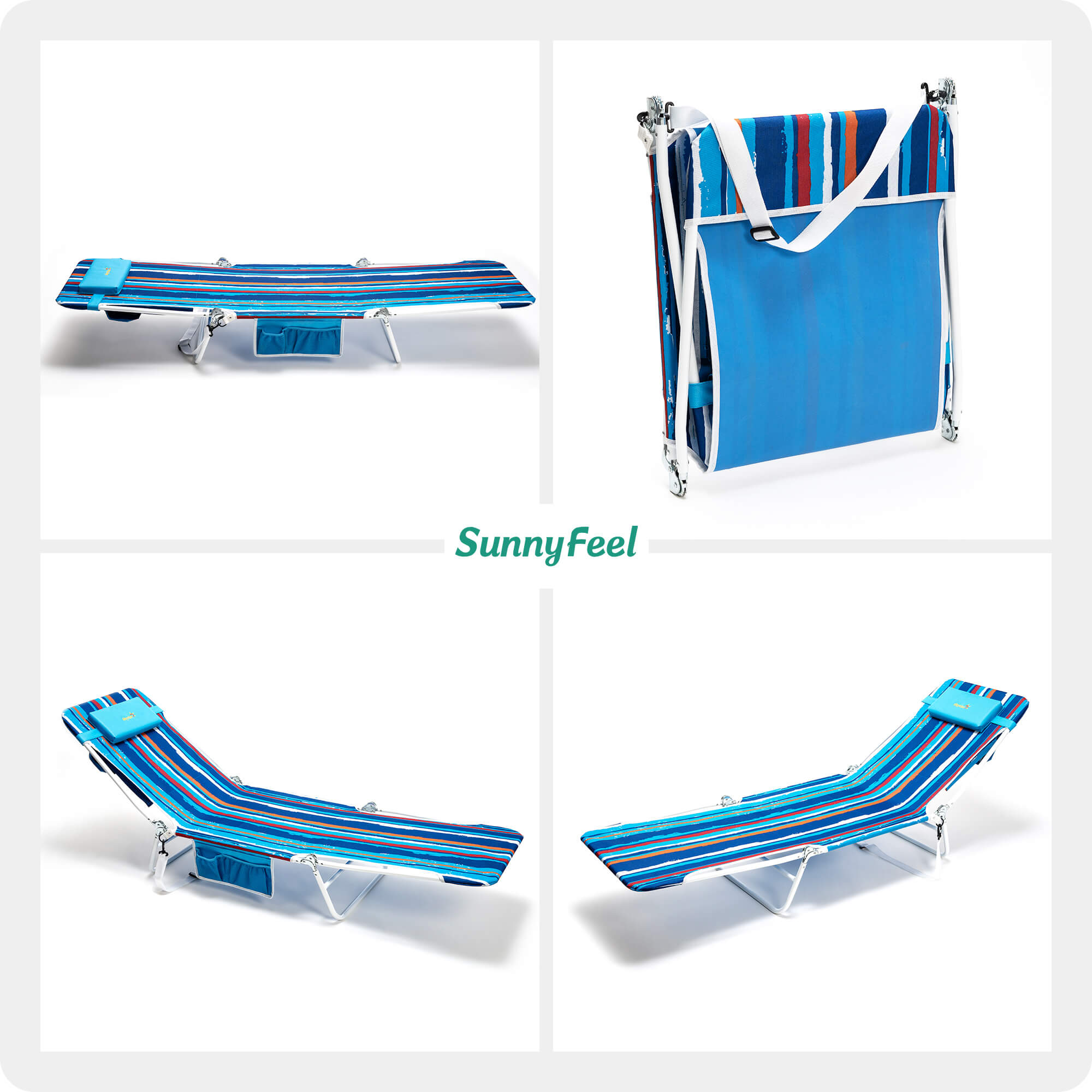 Collapsible beach chair with striped design and carrying bag, featuring the SunnyFeel brand.