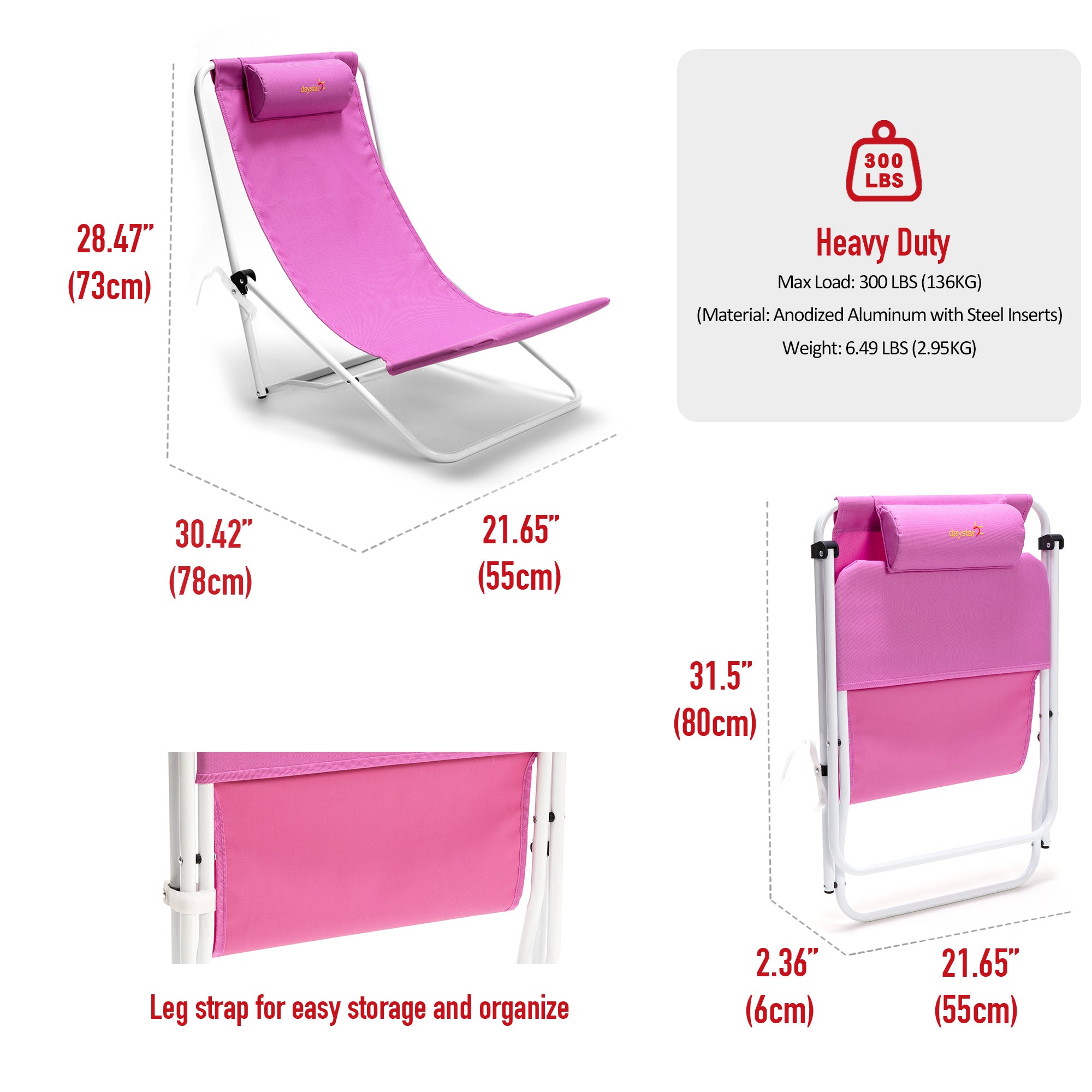 Pink lounge chair with measurements and specifications on a white background