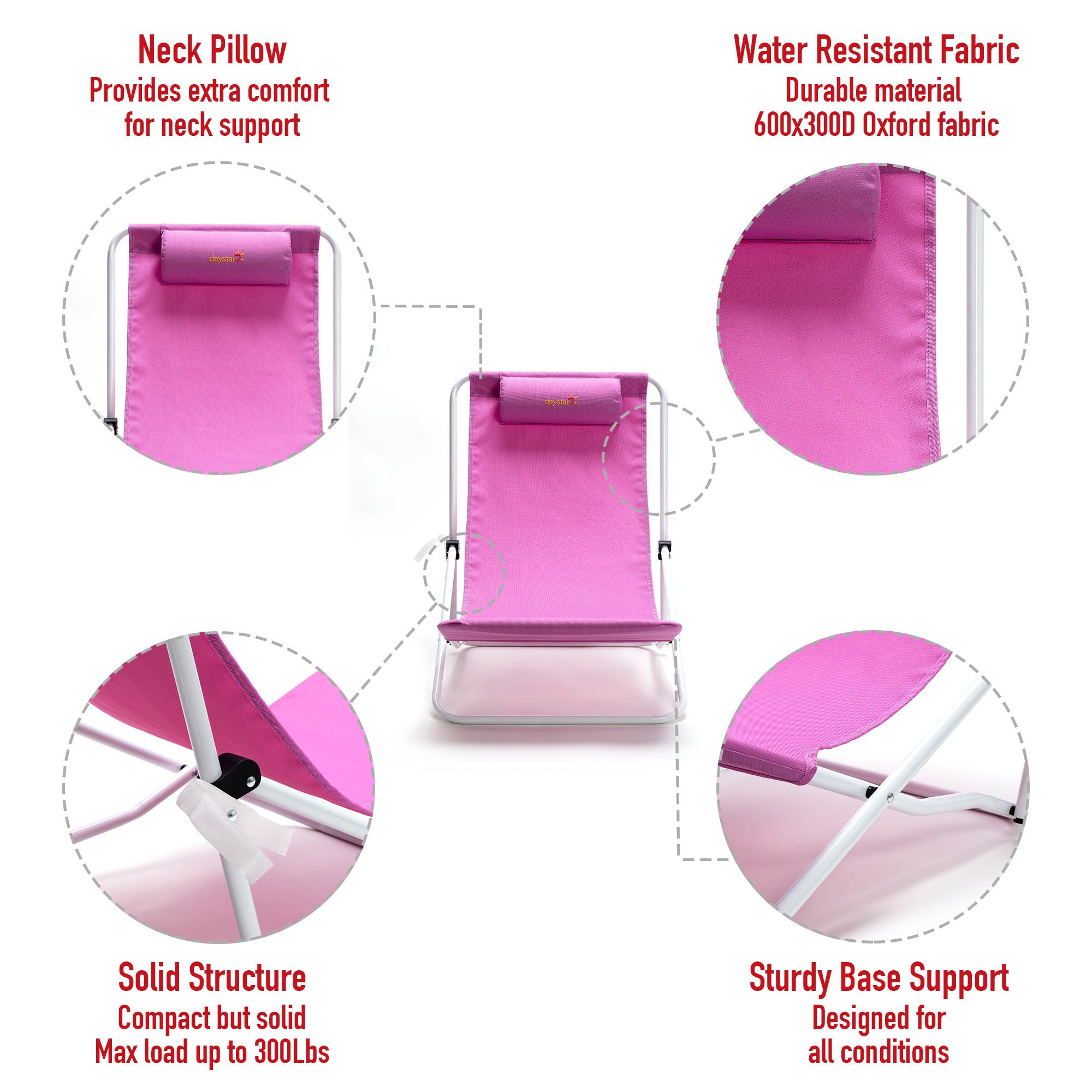 Pink folding chair with features highlighted on a white background