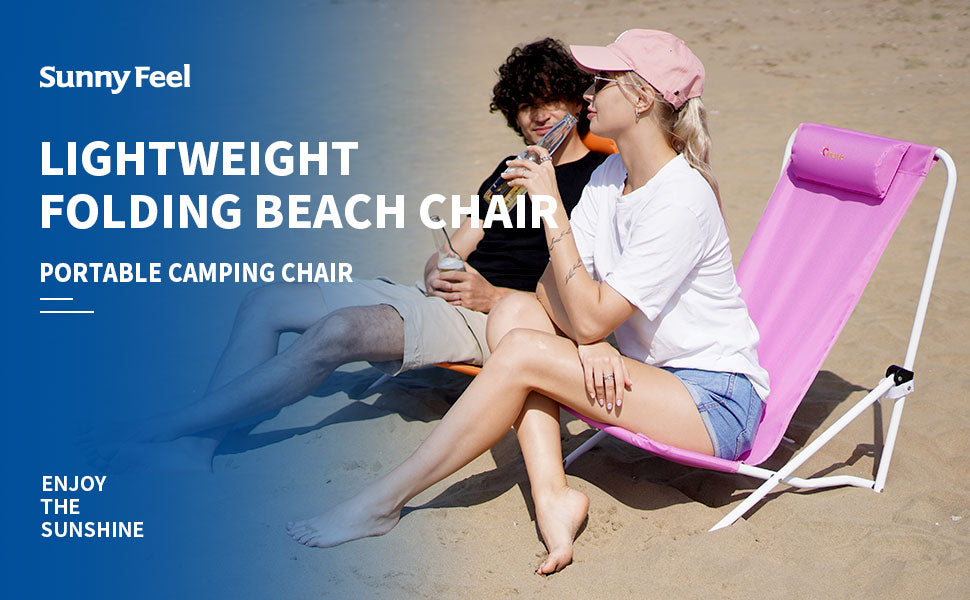 Two people sitting on a pink folding beach chair with text about the product on a blue background.