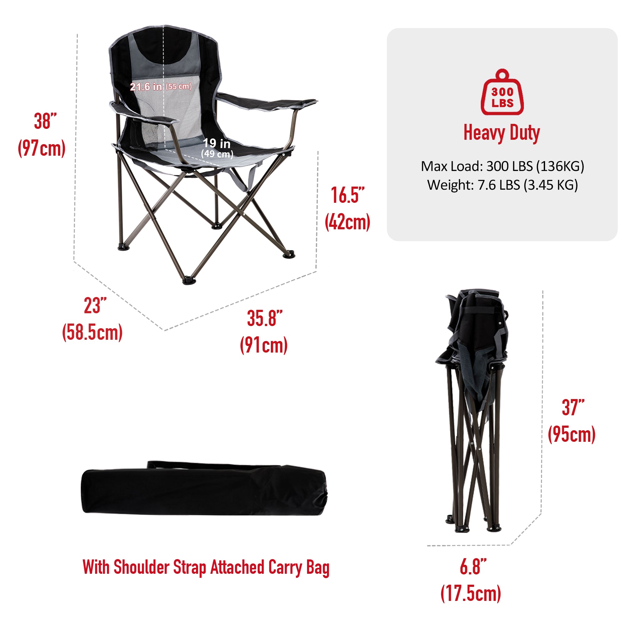 Camping chair with dimensions and carrying bag details on a white background