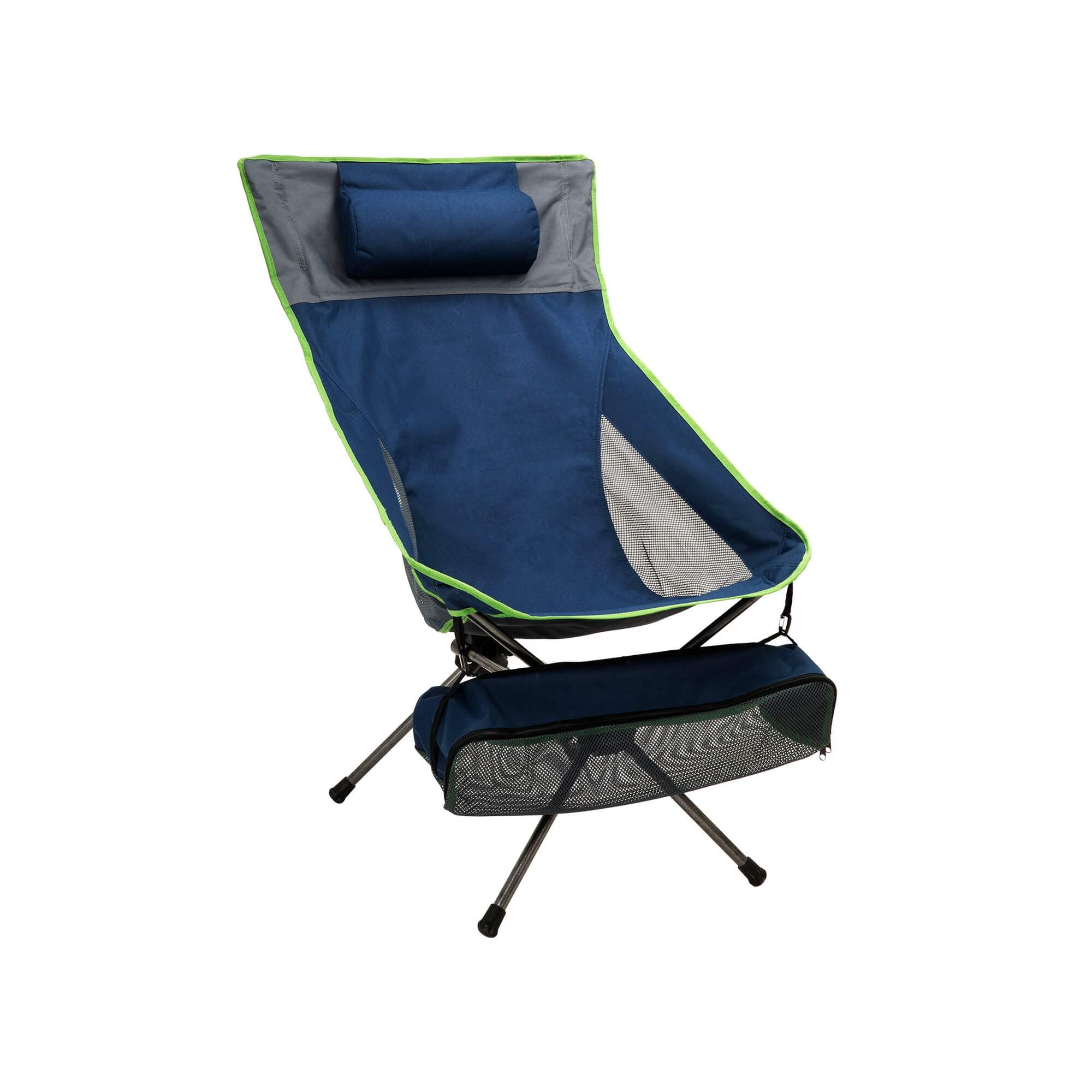 Blue camping chair with footrest on a white background