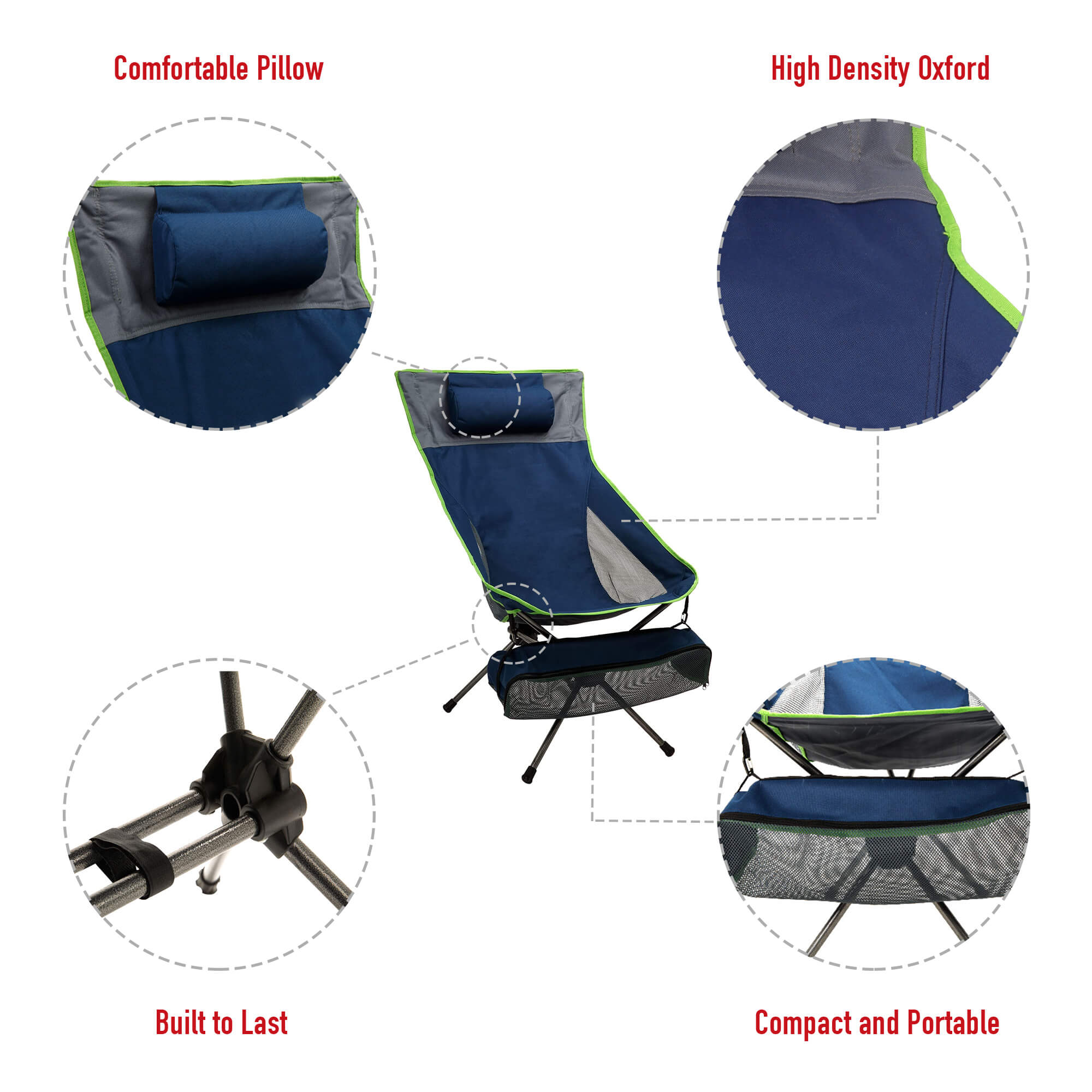 Camping chair with features highlighted on a white background
