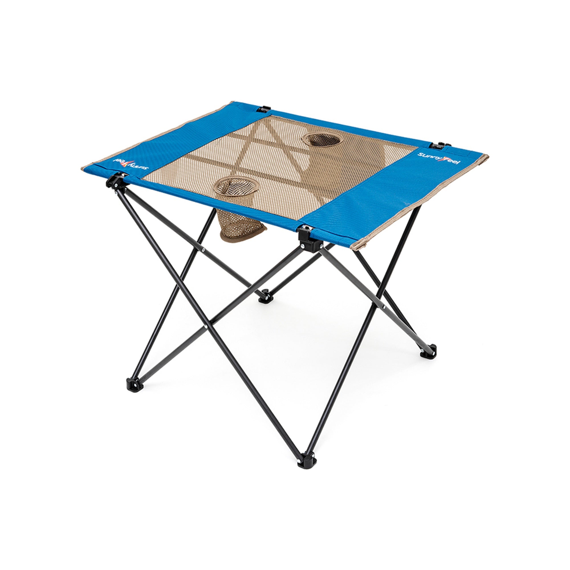 Portable folding table with blue top and mesh seat on a white background
