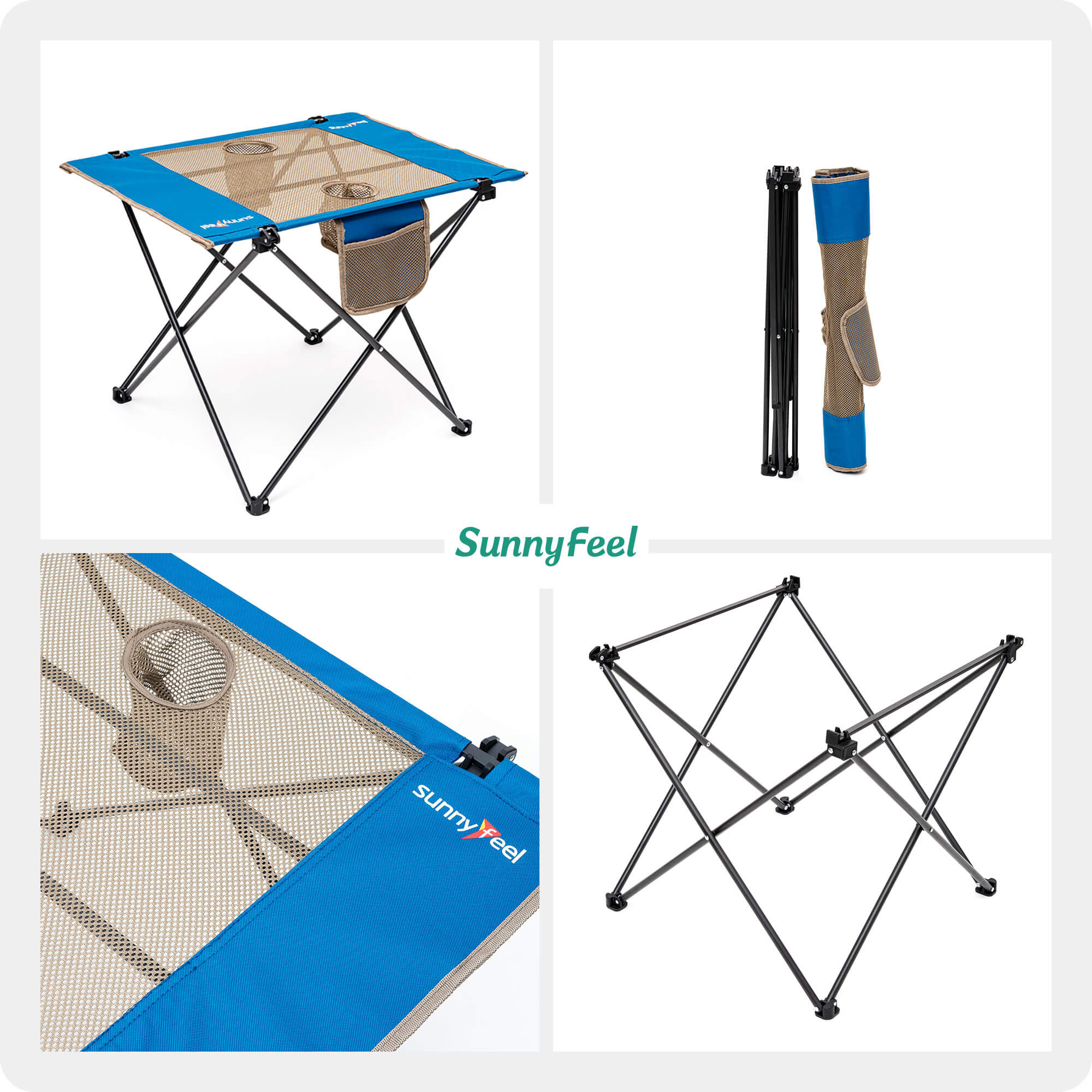 Collage of a portable folding table with accessories, featuring the SunnyFeel brand.