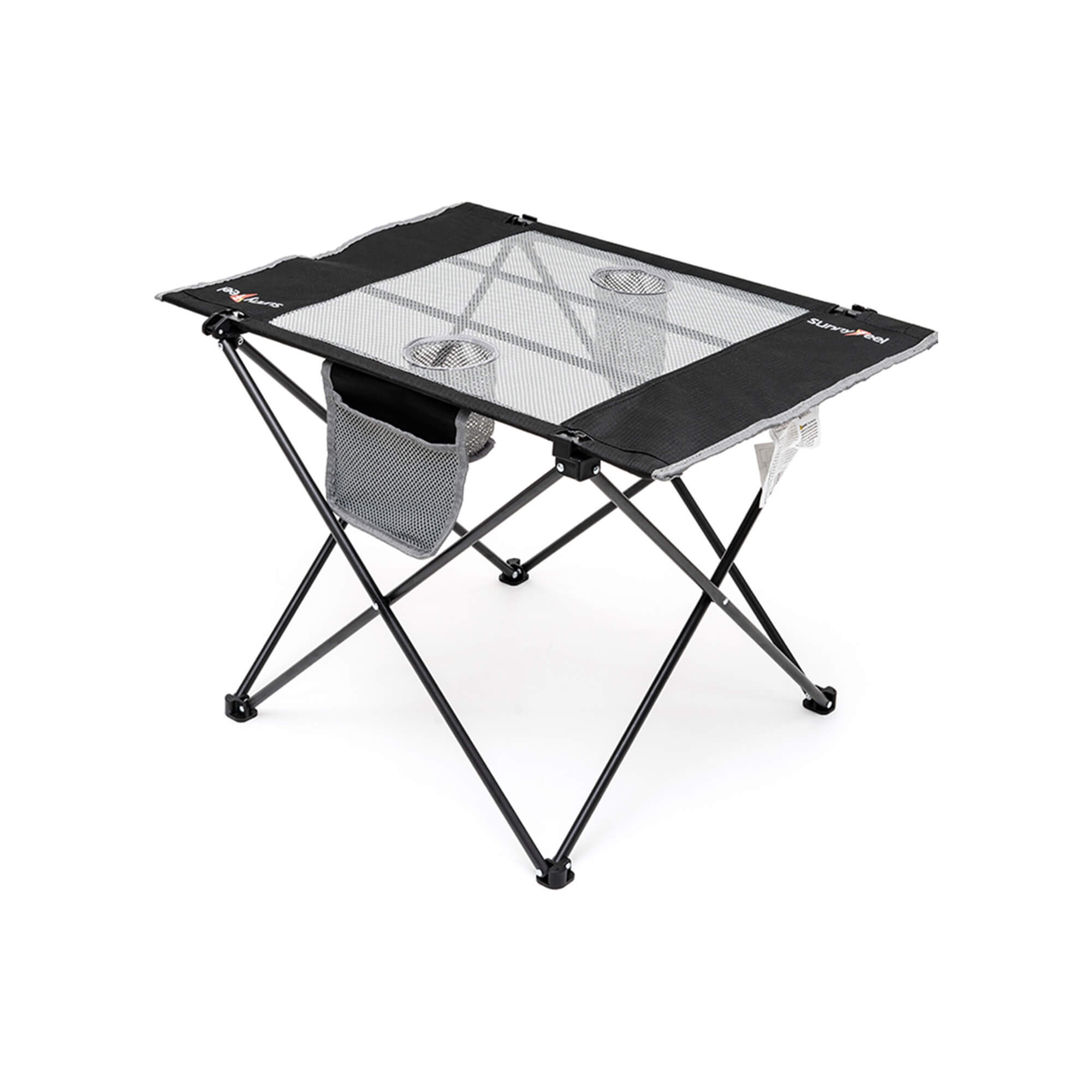 Portable folding table with mesh top on a white background