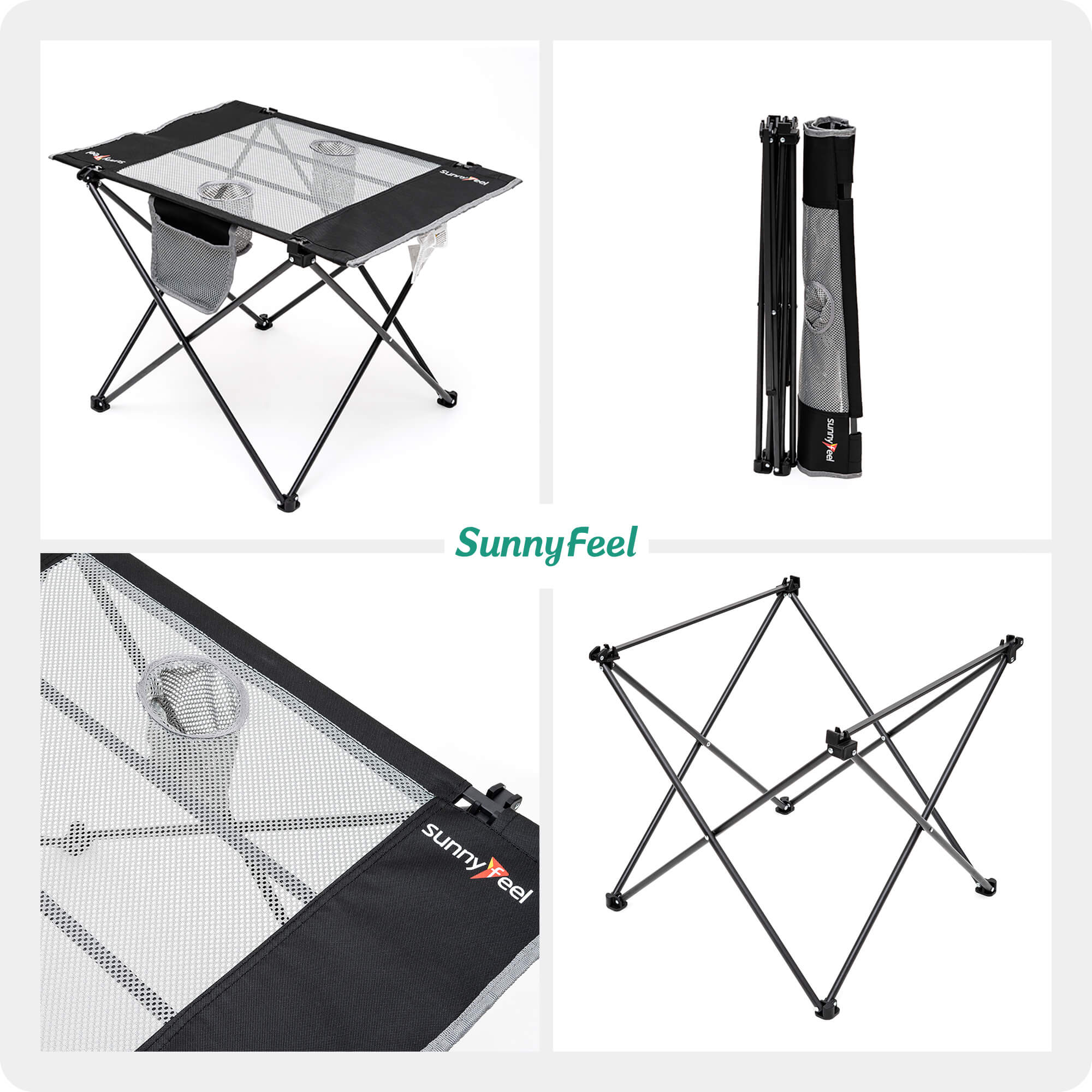 Collapsible outdoor table with mesh top and carrying case, featuring the Sunnyfeel brand.