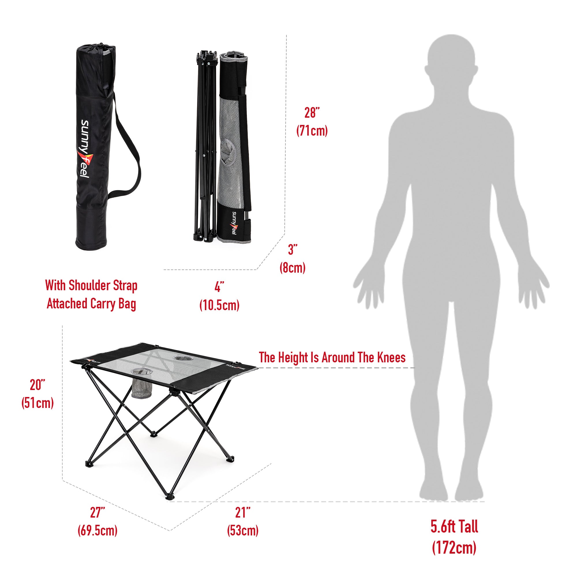 Measurement chart of a portable folding table with dimensions and a silhouette for scale.