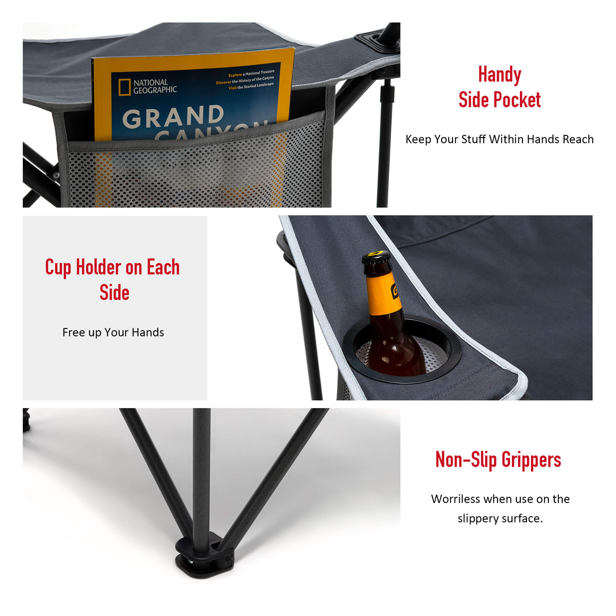 Camping chair with features highlighted, including a side pocket, cup holders, and non-slip grippers.