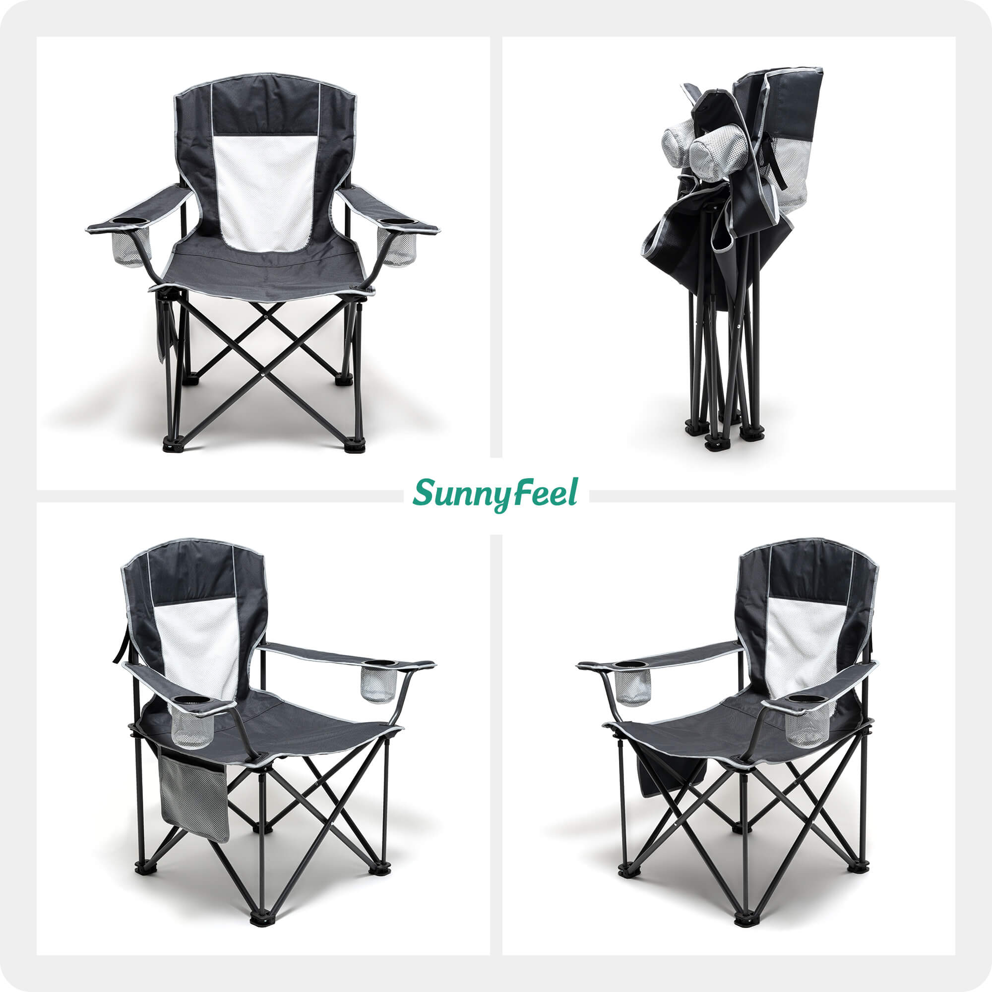 Collapsible chair with cup holders and storage bag, branded 'SunnyFeel'.