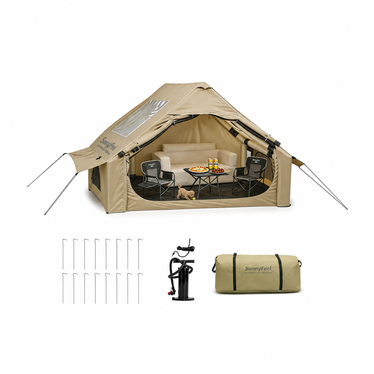 Beige camping tent with interior furniture and accessories on a white background