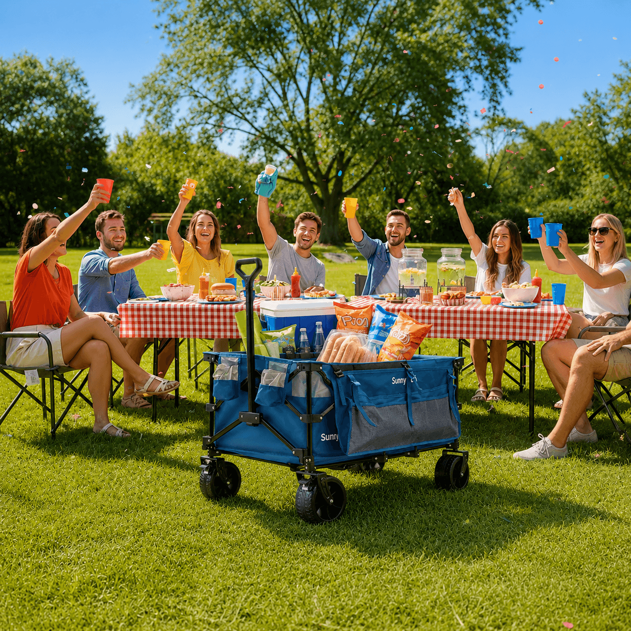 Group of people enjoying a picnic outdoors with a blue SunnyFeel folding wagon in the foreground.